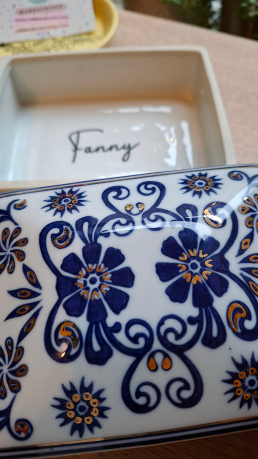 'Fanny Flaps' Upcycled Blue White And Goldy Trinket Pot