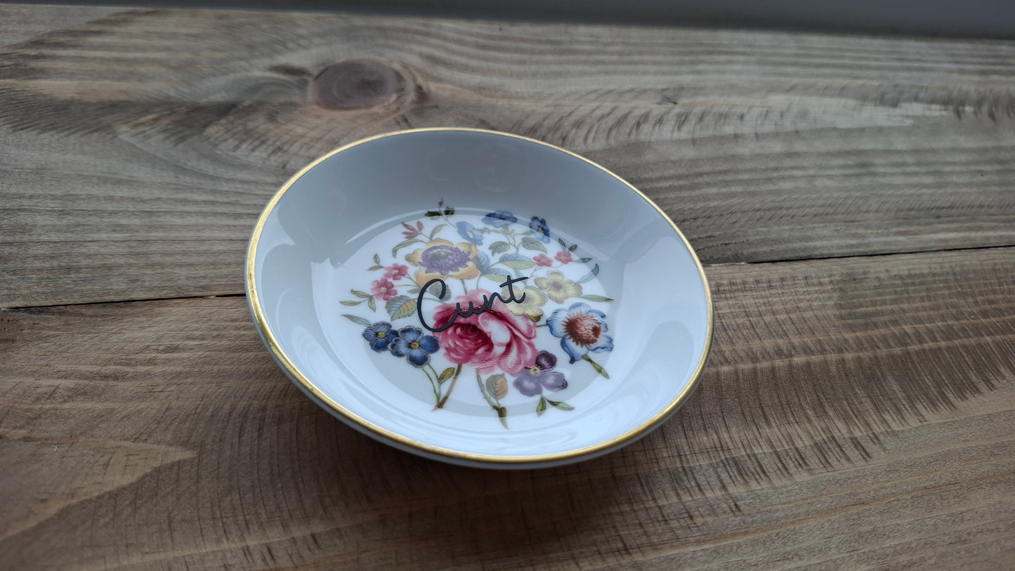 'Cunt' Upcycled Round Floral Small Trinket Dish (Colorful Flowers)