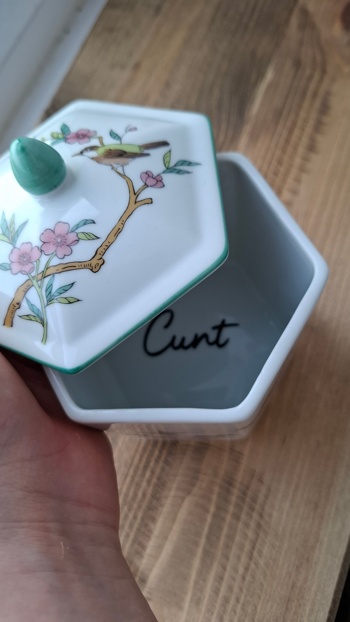 'Cunt' Upcycled Bird Hexagonal Shaped Ceramic Pot