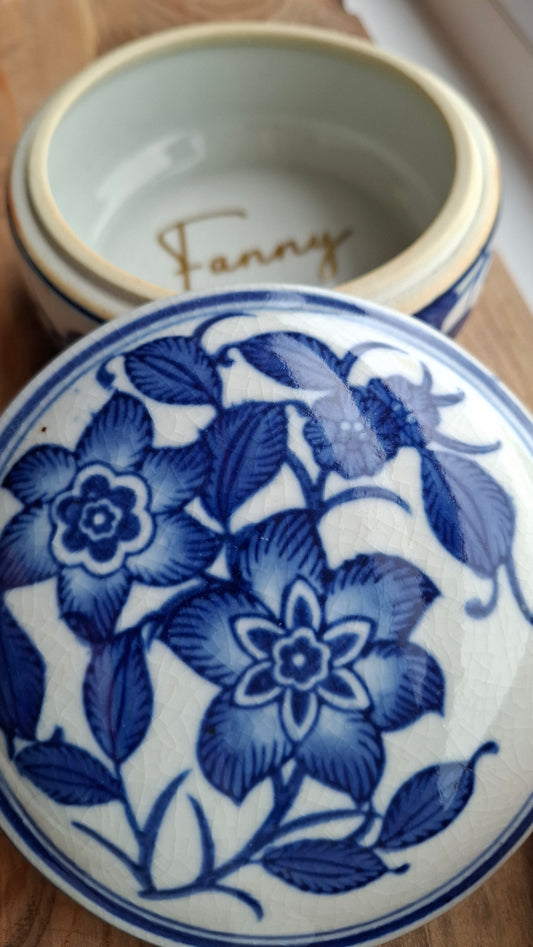 'Fanny Flaps' Upcycled Large Blue And White Round Trinket Pot