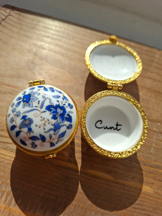'Cunt' Upcycled Mini Trinket/Pill Pot Blue & White Floral
