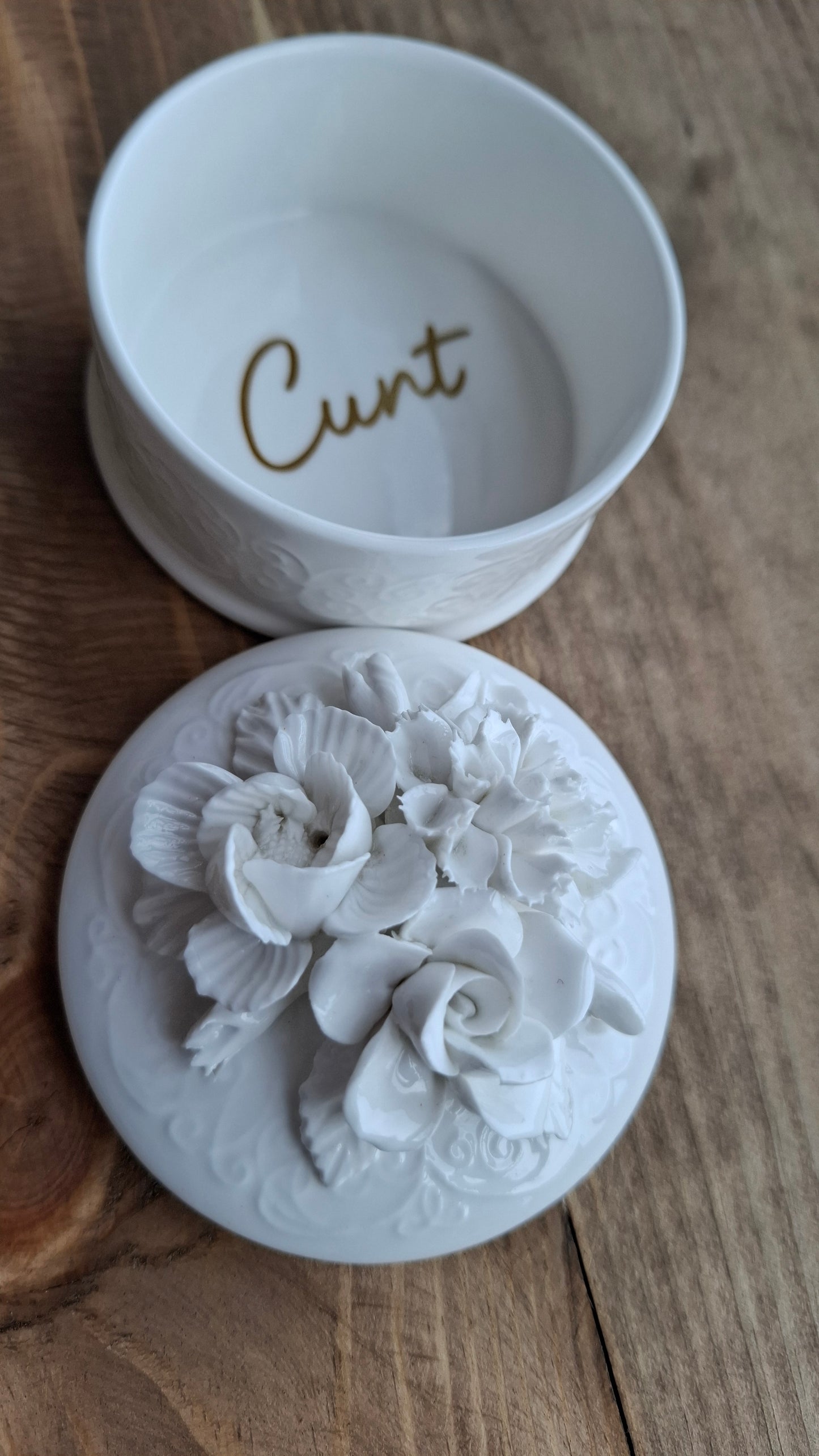 'Cunt' Upcycled White Rose Floral Trinket Pot