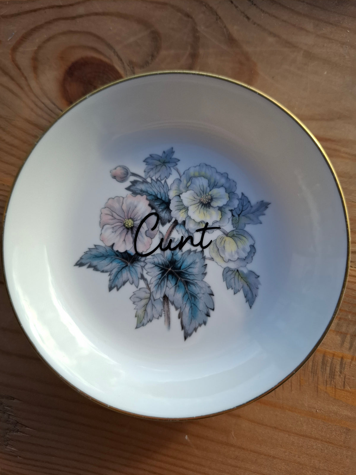 'Cunt' Upcycled Round Floral Small Trinket Dish (Bluey/Lilac)