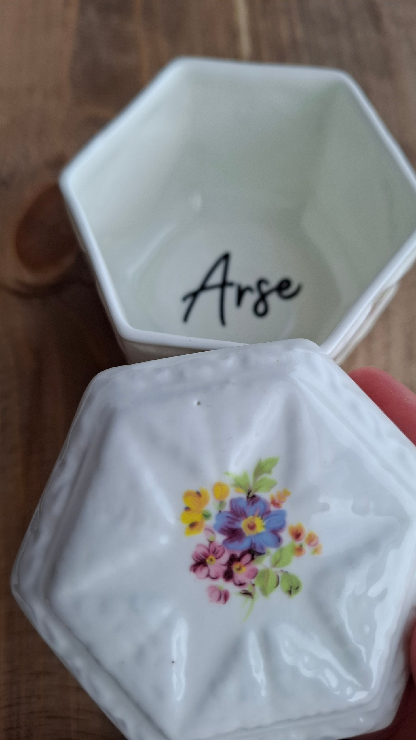 'Arsehole' Upcycled Hexagonal Floral Trinket Pot (MARKS ON SIDE)