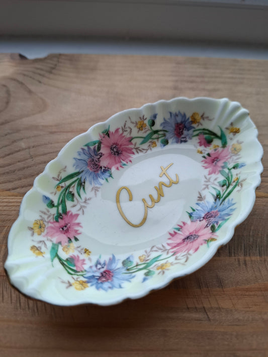 'Cunt' Upcycled Frilly Floral Trinket Dish  (DISCOUNTED)