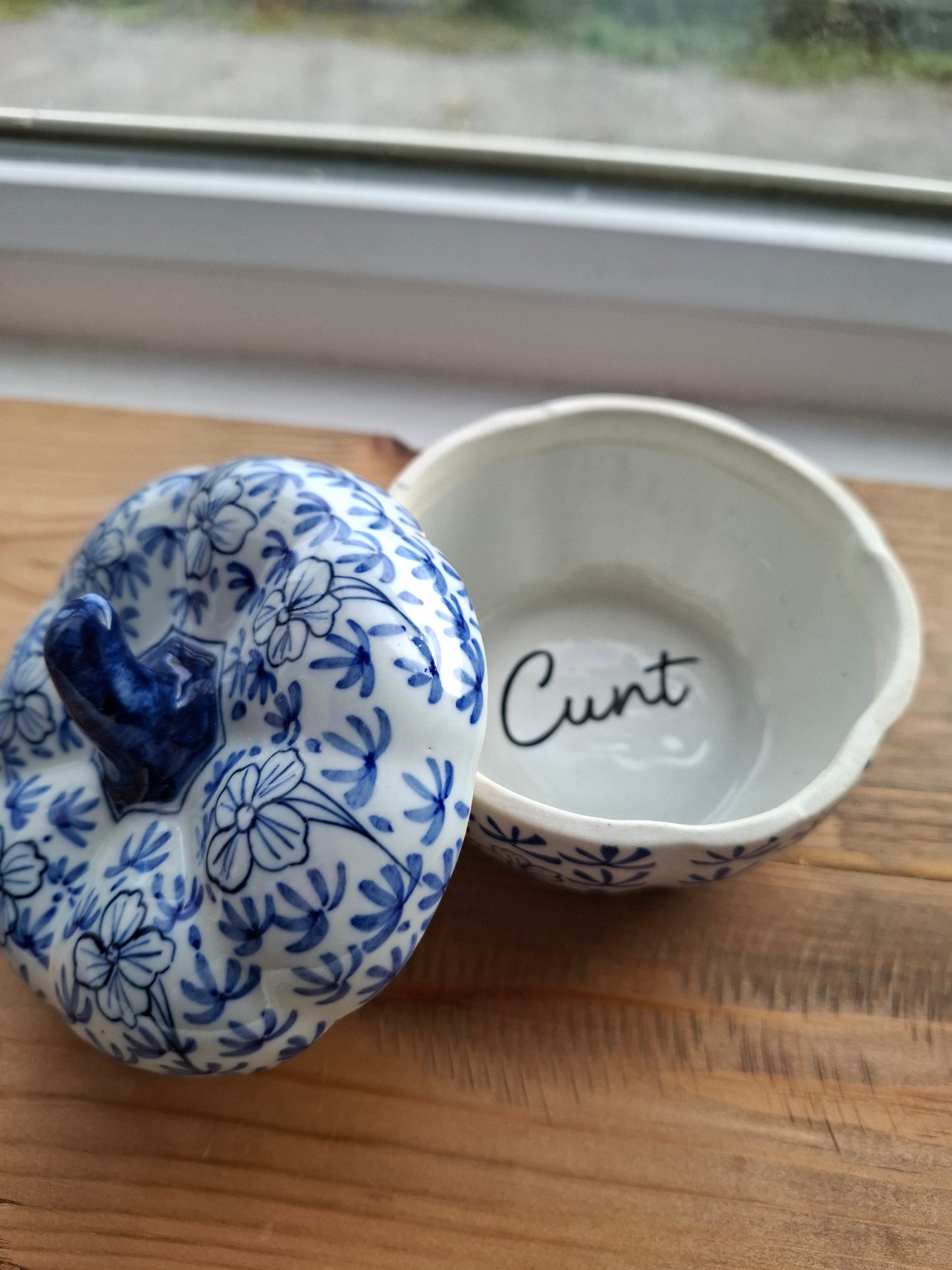'Cunt' Upcycled Blue/White Pumpkin Trinket Pot