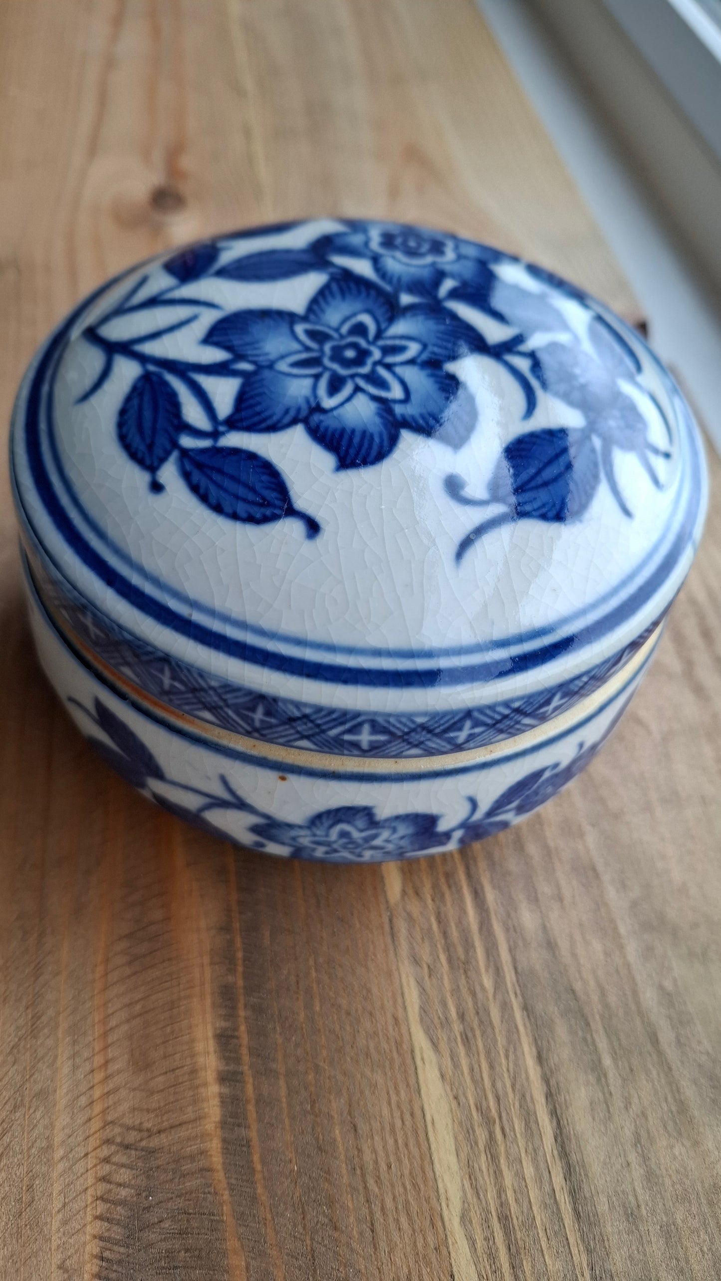 'Fanny Flaps' Upcycled Large Blue And White Round Trinket Pot