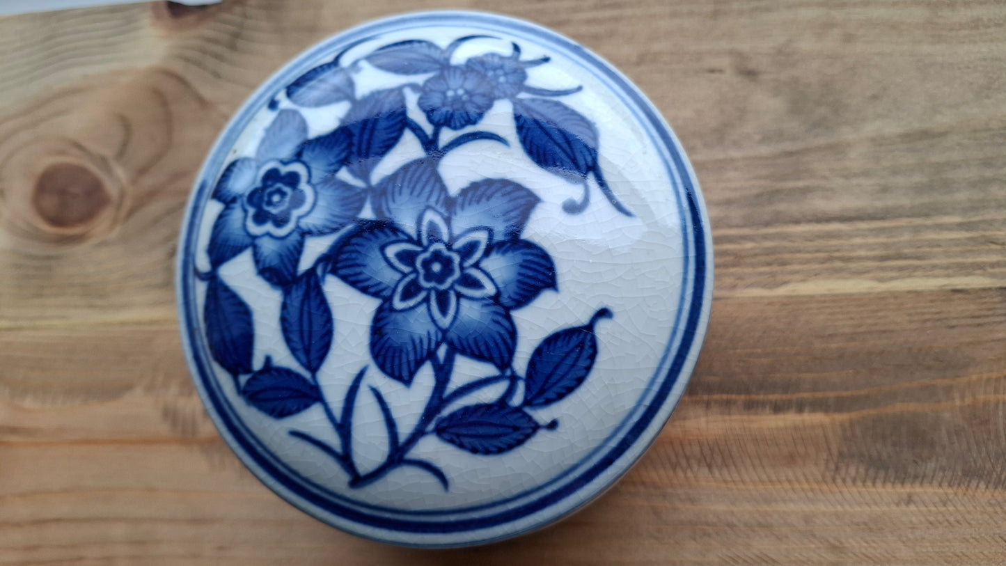 'Fanny Flaps' Upcycled Large Blue And White Round Trinket Pot