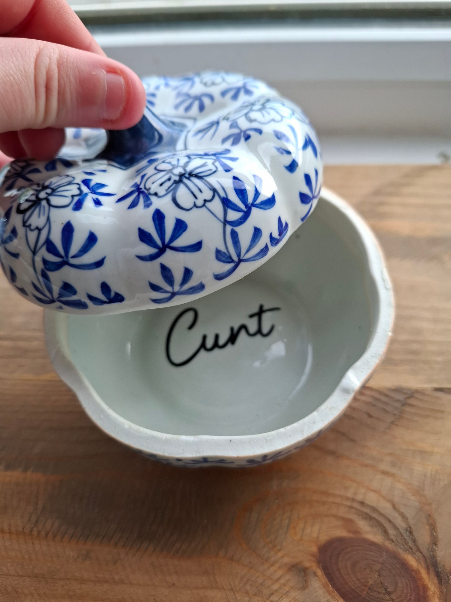 'Cunt' Upcycled Blue/White Pumpkin Trinket Pot