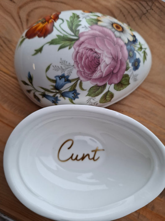 'Cunt' Upcycled Large Floral Egg Shaped Trinket Pot