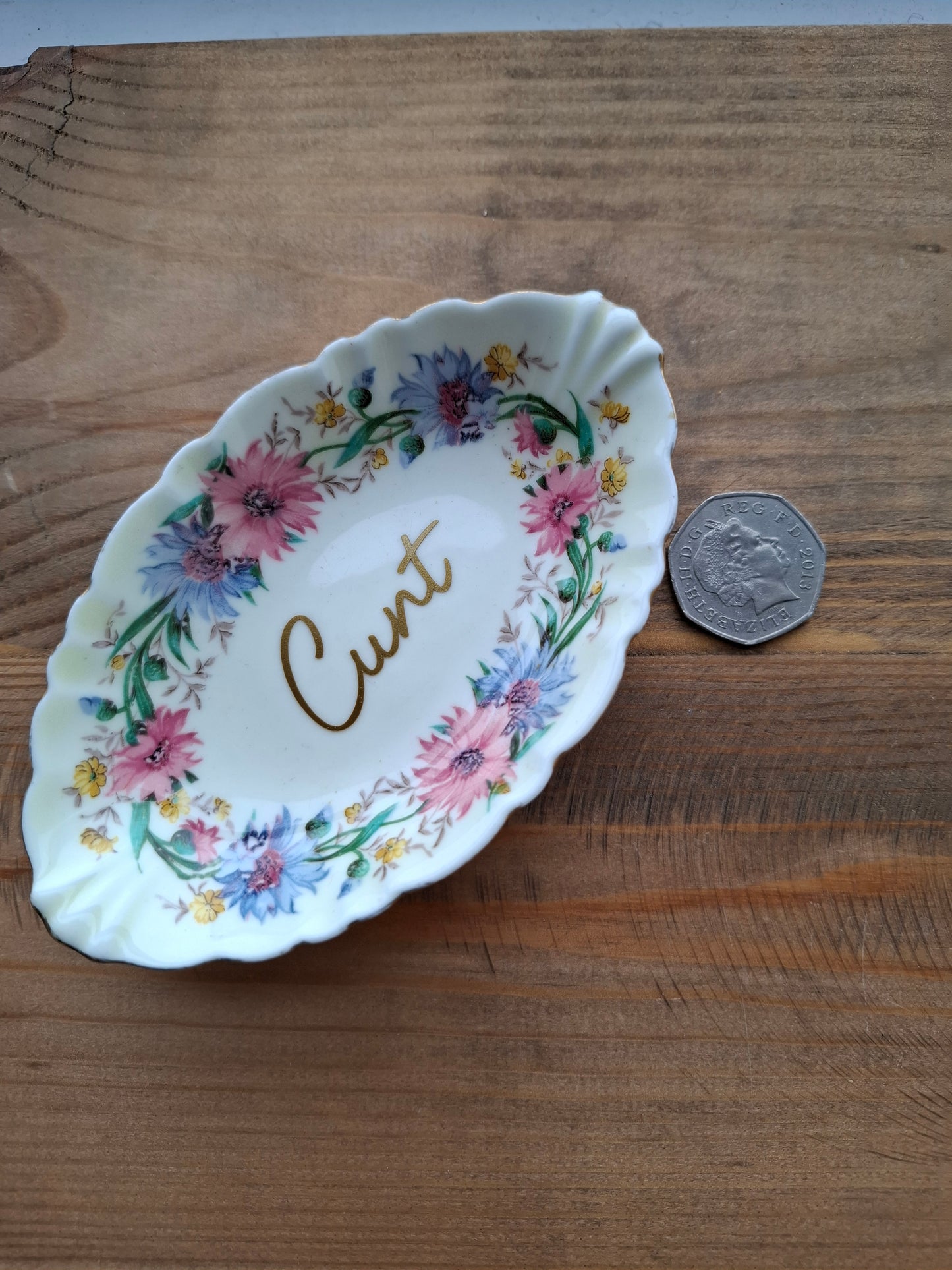 'Cunt' Upcycled Frilly Floral Trinket Dish  (DISCOUNTED)