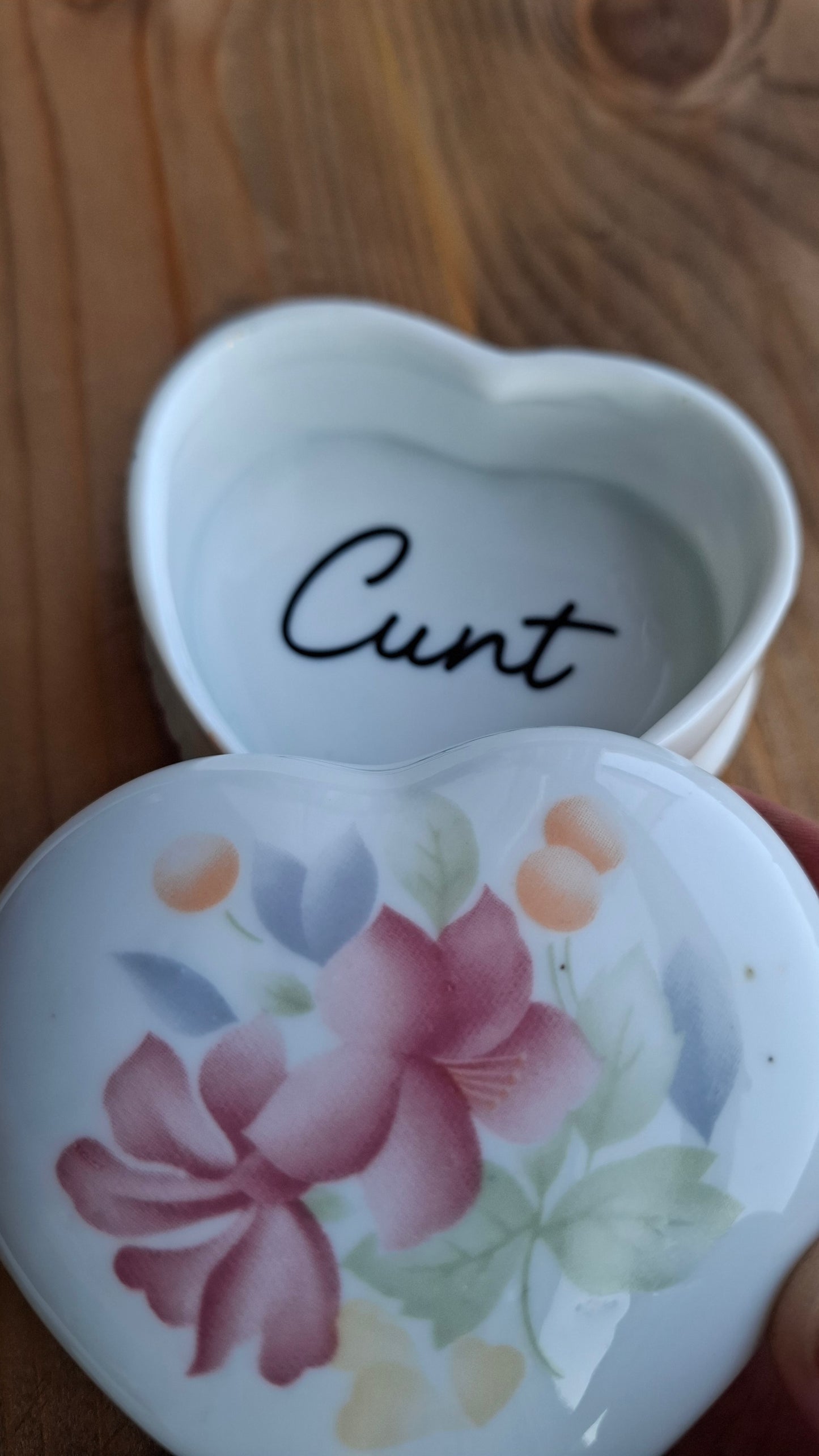 'Cunt' Upcycled Small White Heart Shaped Trinket Pot