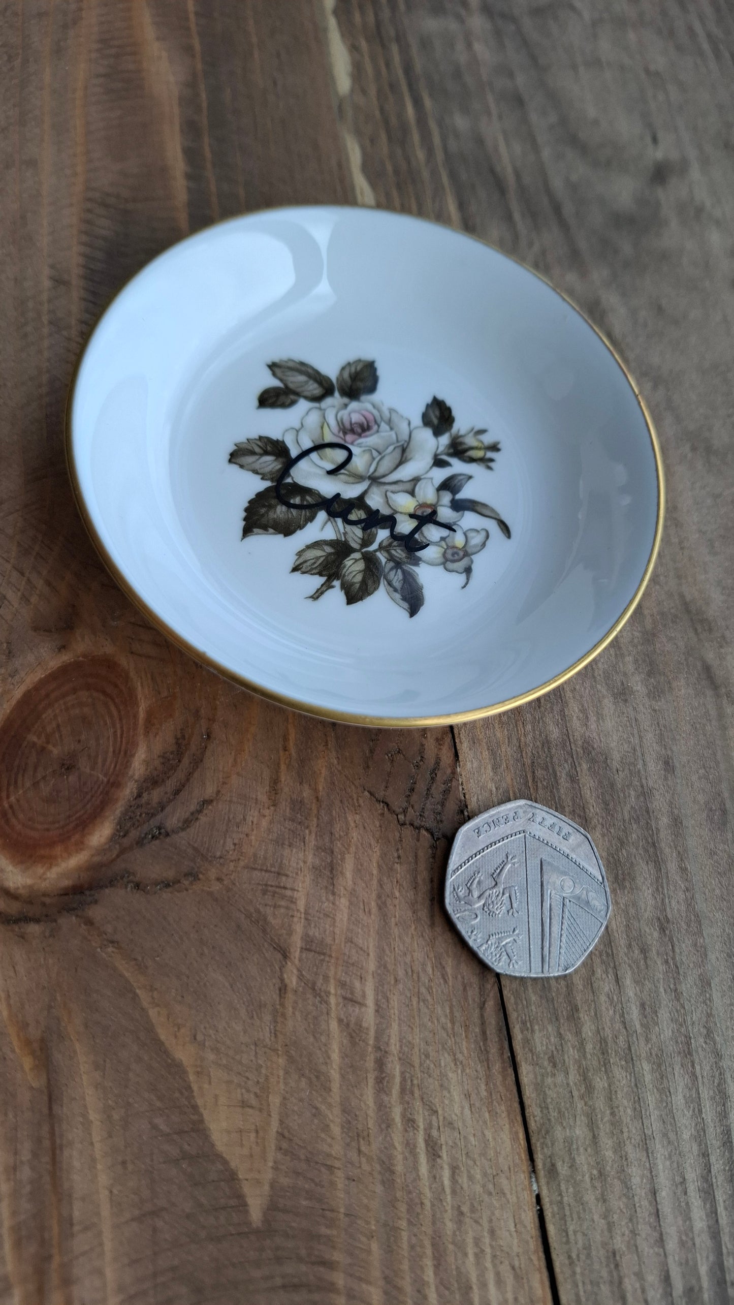 'Cunt' Upcycled Round Floral Small Trinket Dish (Grey Rose)