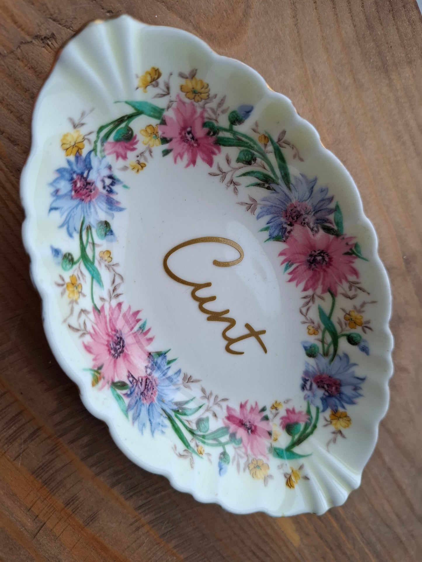'Cunt' Upcycled Frilly Floral Trinket Dish  (DISCOUNTED)
