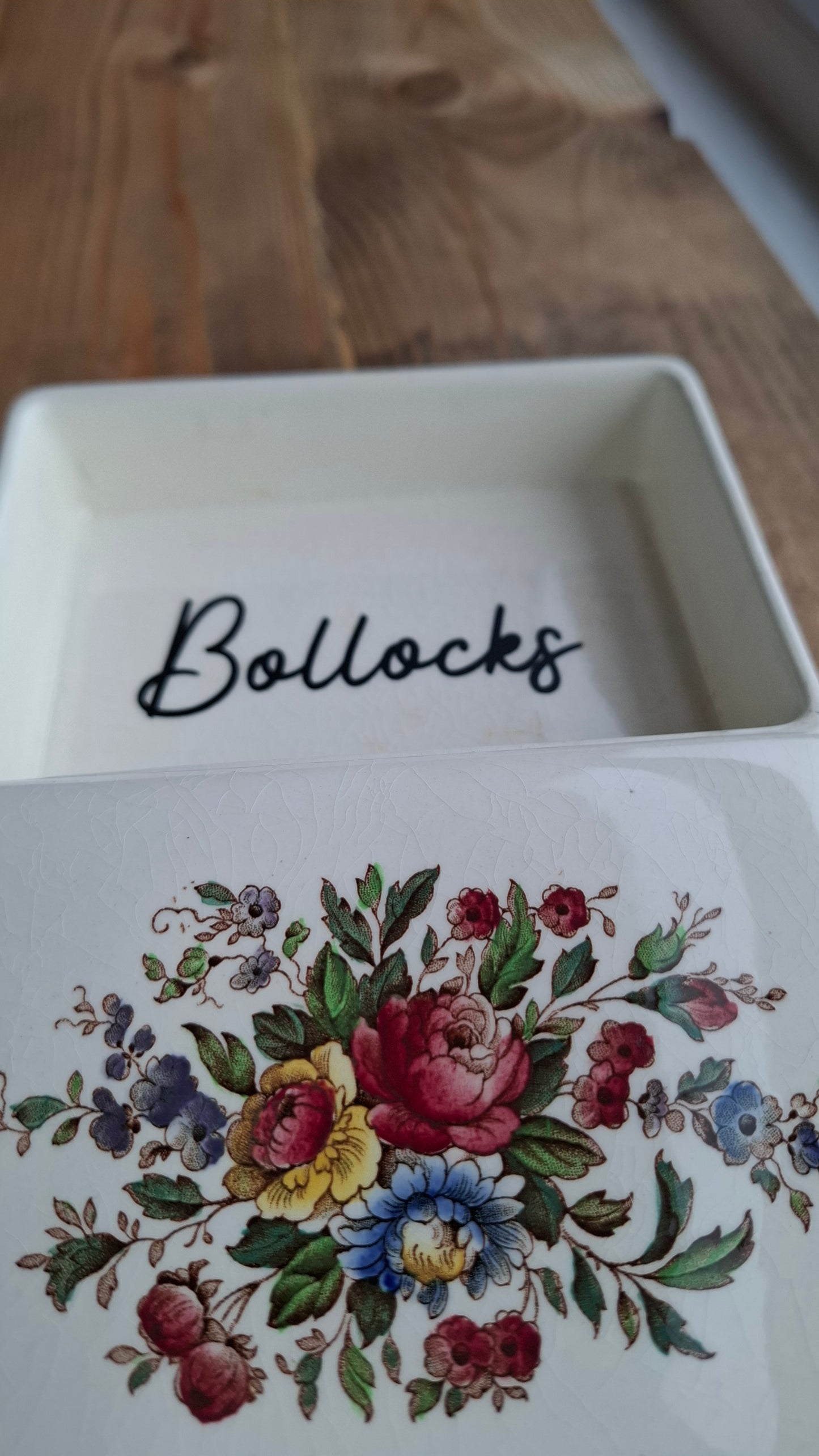 'Bollocks' Floral Rectangular Trinket Pot (CHEAPER DUE TO CRACKLE/STAINING)