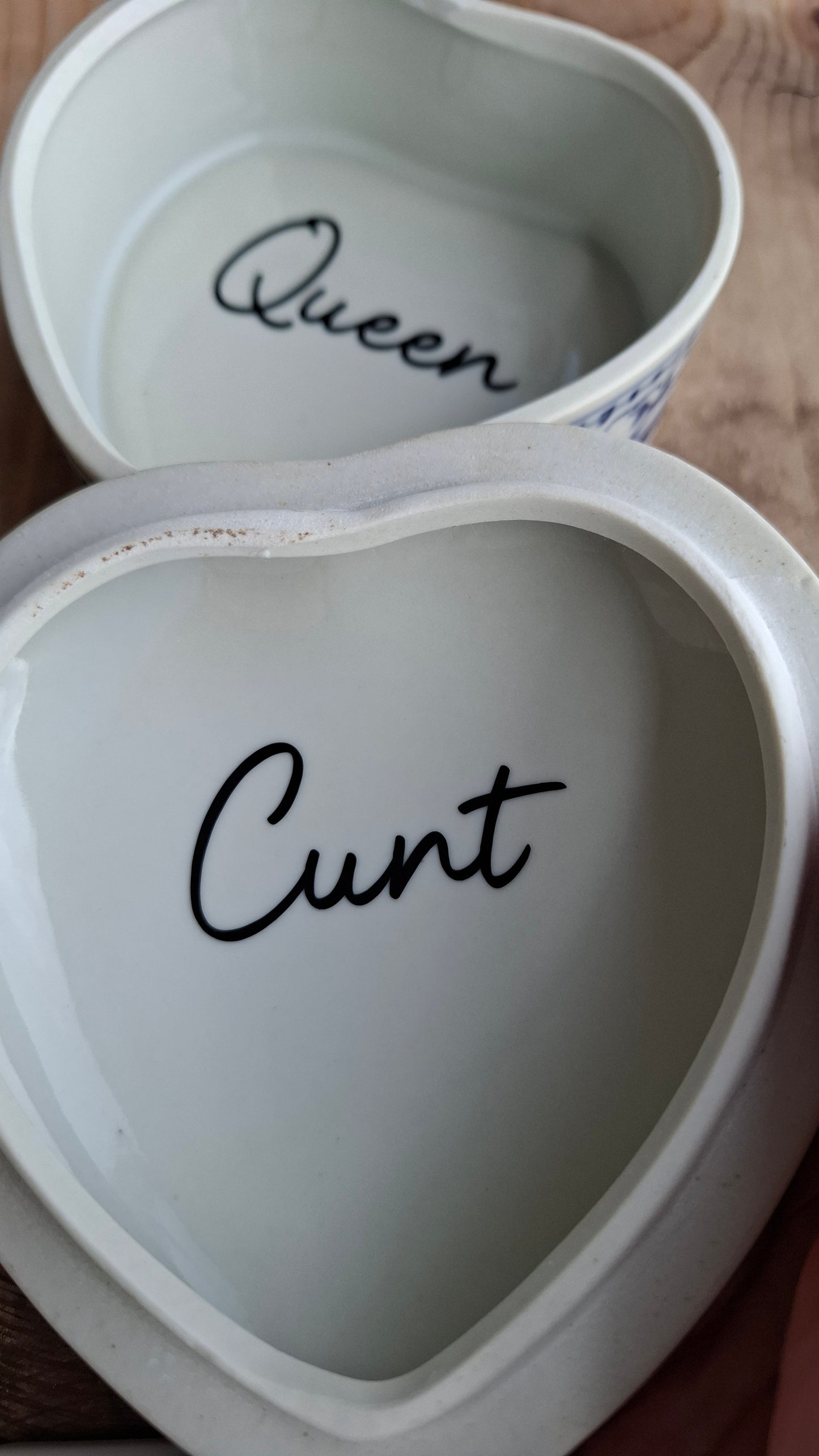 'Queen Cunt' Upcycled Large Pretty Blue/White Heart Trinket Pot