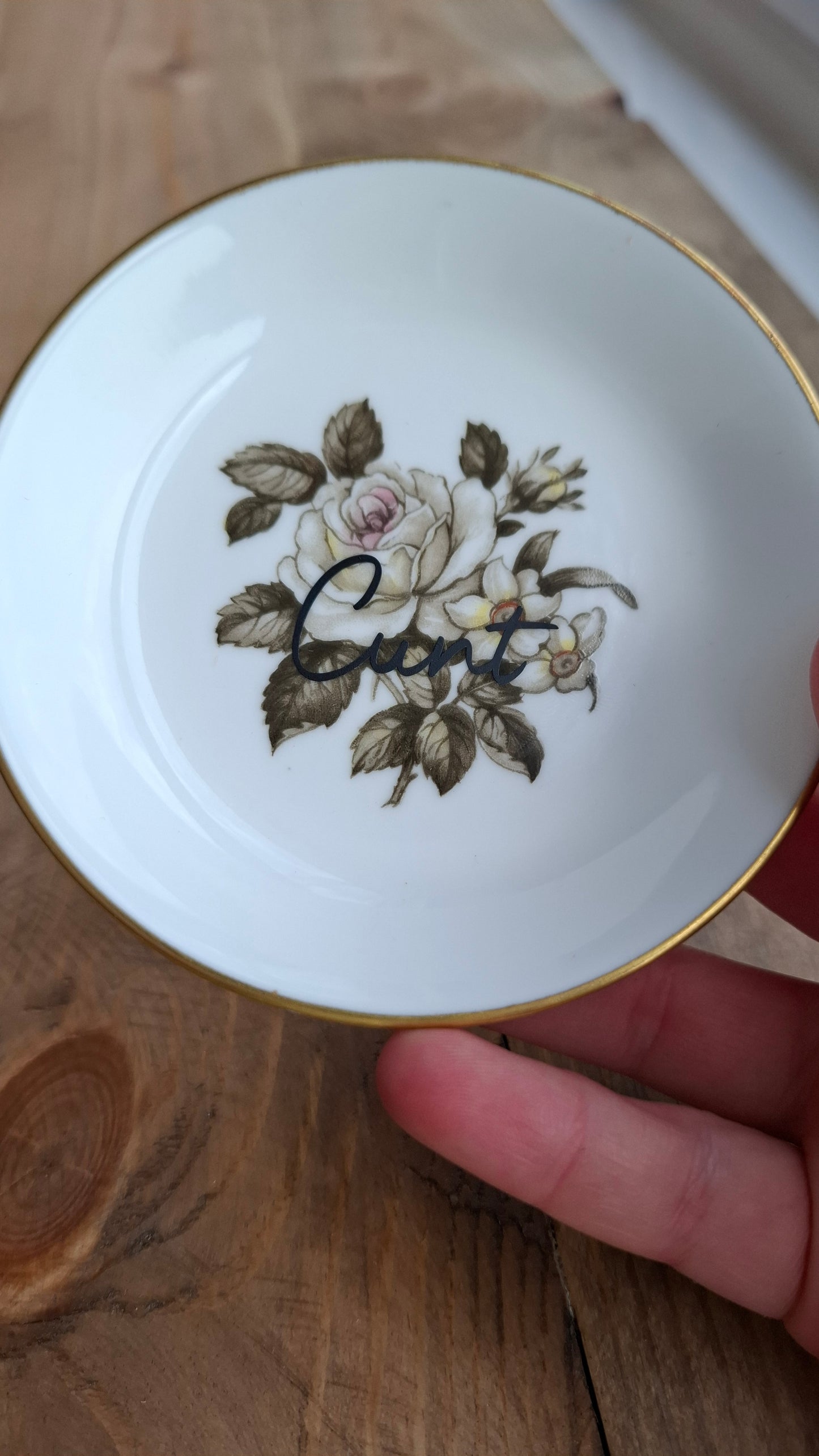 'Cunt' Upcycled Round Floral Small Trinket Dish (Grey Rose)