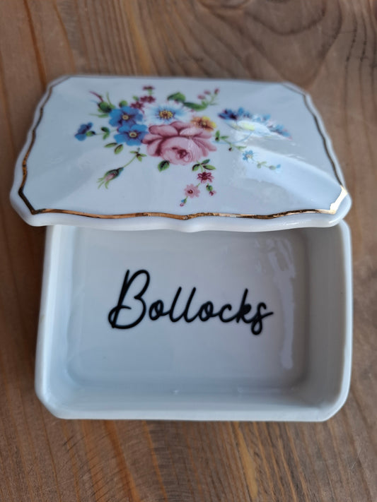 'Bollocks' Upcycled Floral Rectangular Trinket Pot