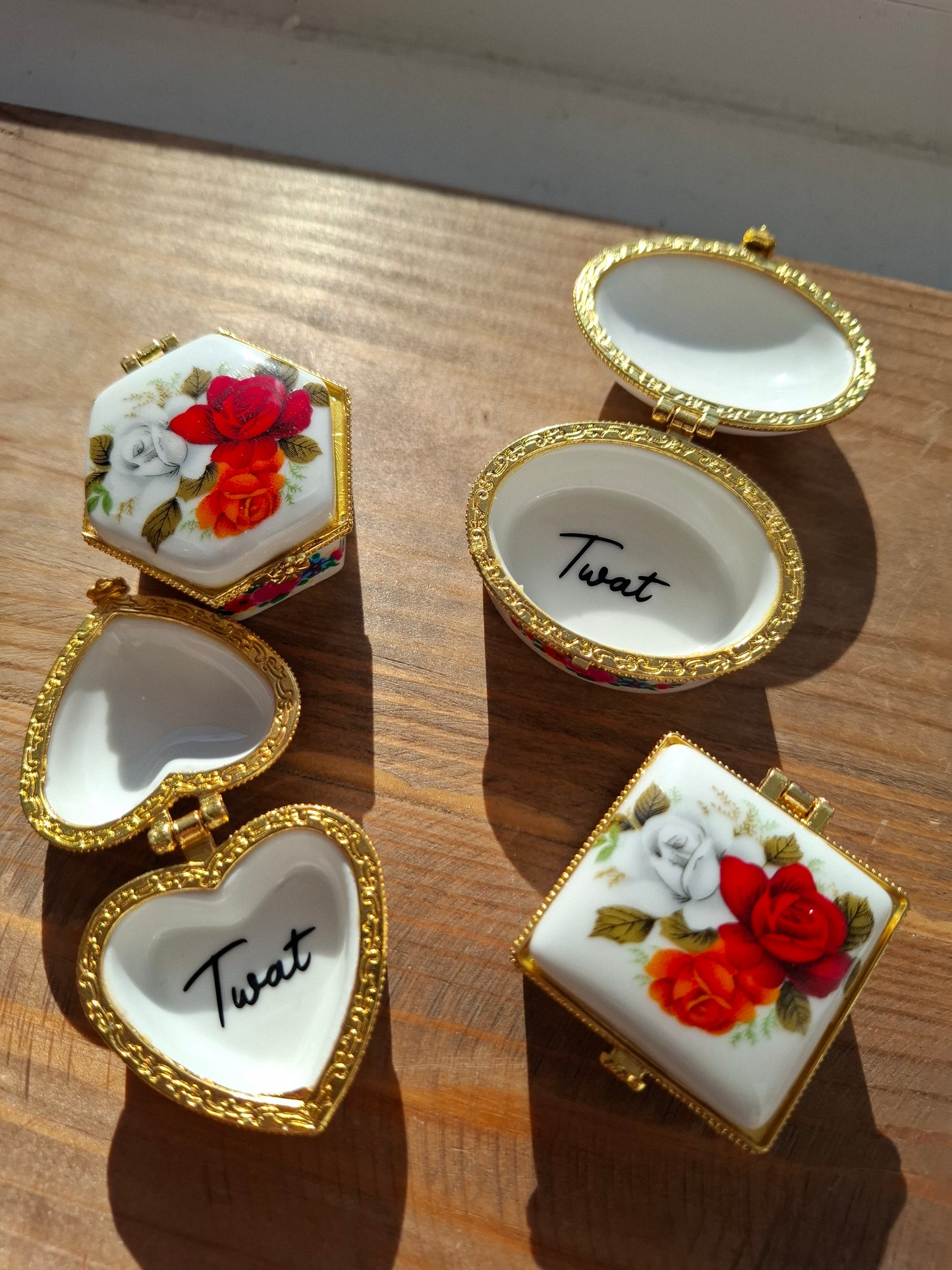 'Twat' Upcycled Mini Trinket/Pill Pot Red Roses