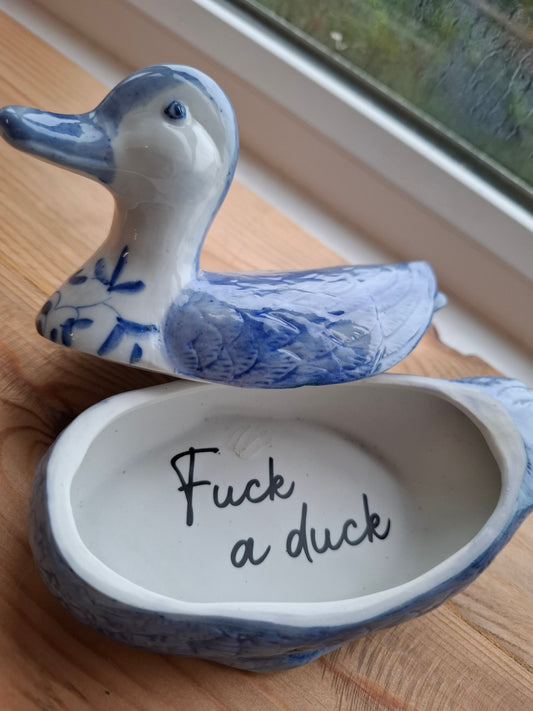 'Fuck A Duck' Upcycled Blue and White Duck Trinket Pot