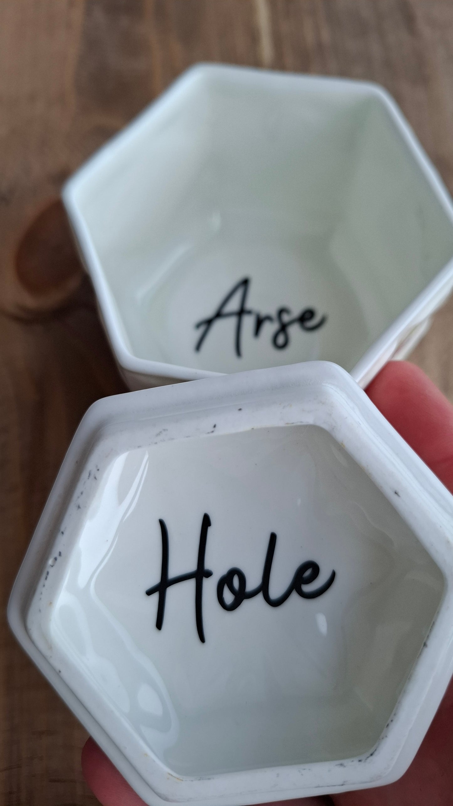 'Arsehole' Upcycled Hexagonal Floral Trinket Pot (MARKS ON SIDE)