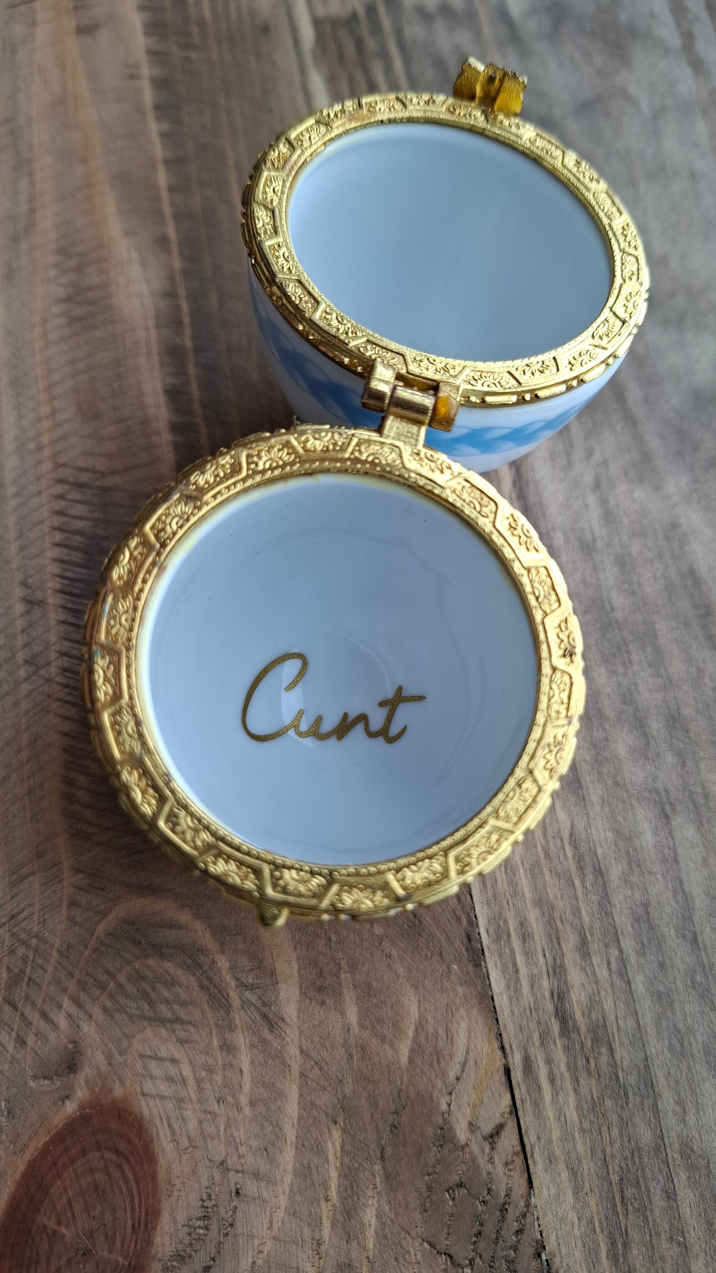 'Cunt' Upcycled White/Blue Egg Trinket Pot With Legs (DISCOUNTED DUE TO LITTLE CHIPPED LEG)