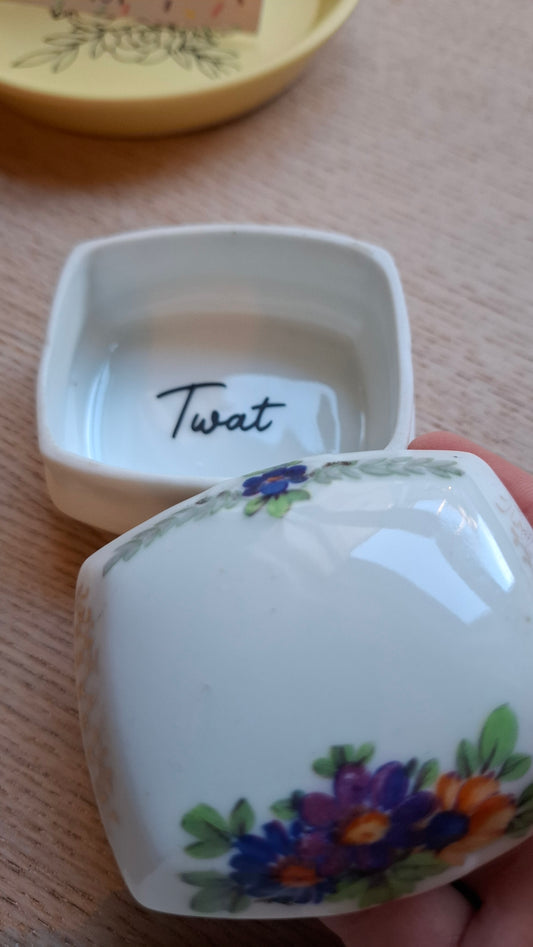 'Twat' Upcycled White/Floral Trinket Pot (DISCOUNTED DUE TO MARKS ON INSIDE OF LID)