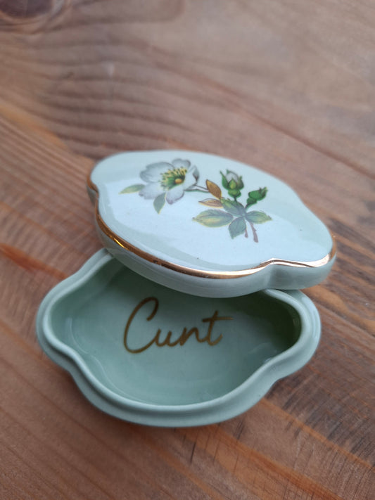'Cunt' Upcycled Green Floral Trinket Pot