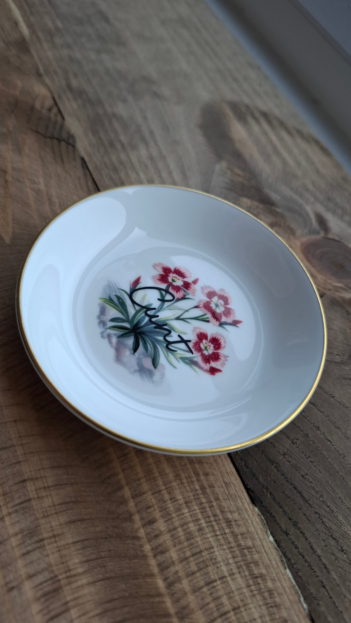 'Cunt' Upcycled Round Floral Small Trinket Dish (3 Pink Flowers)