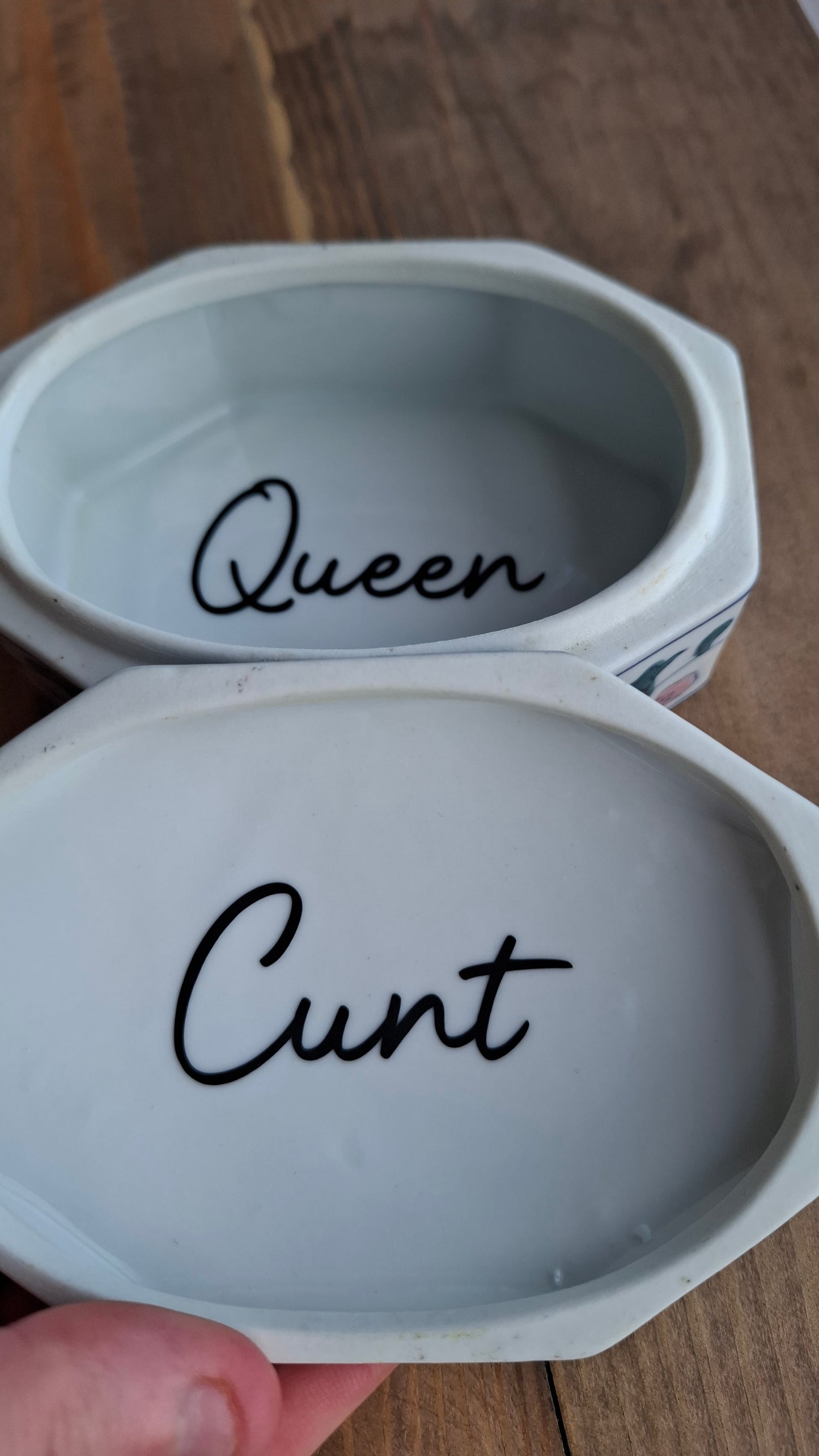 'Queen Cunt' Upcycled Blue/White/Pink Trinket Pot
