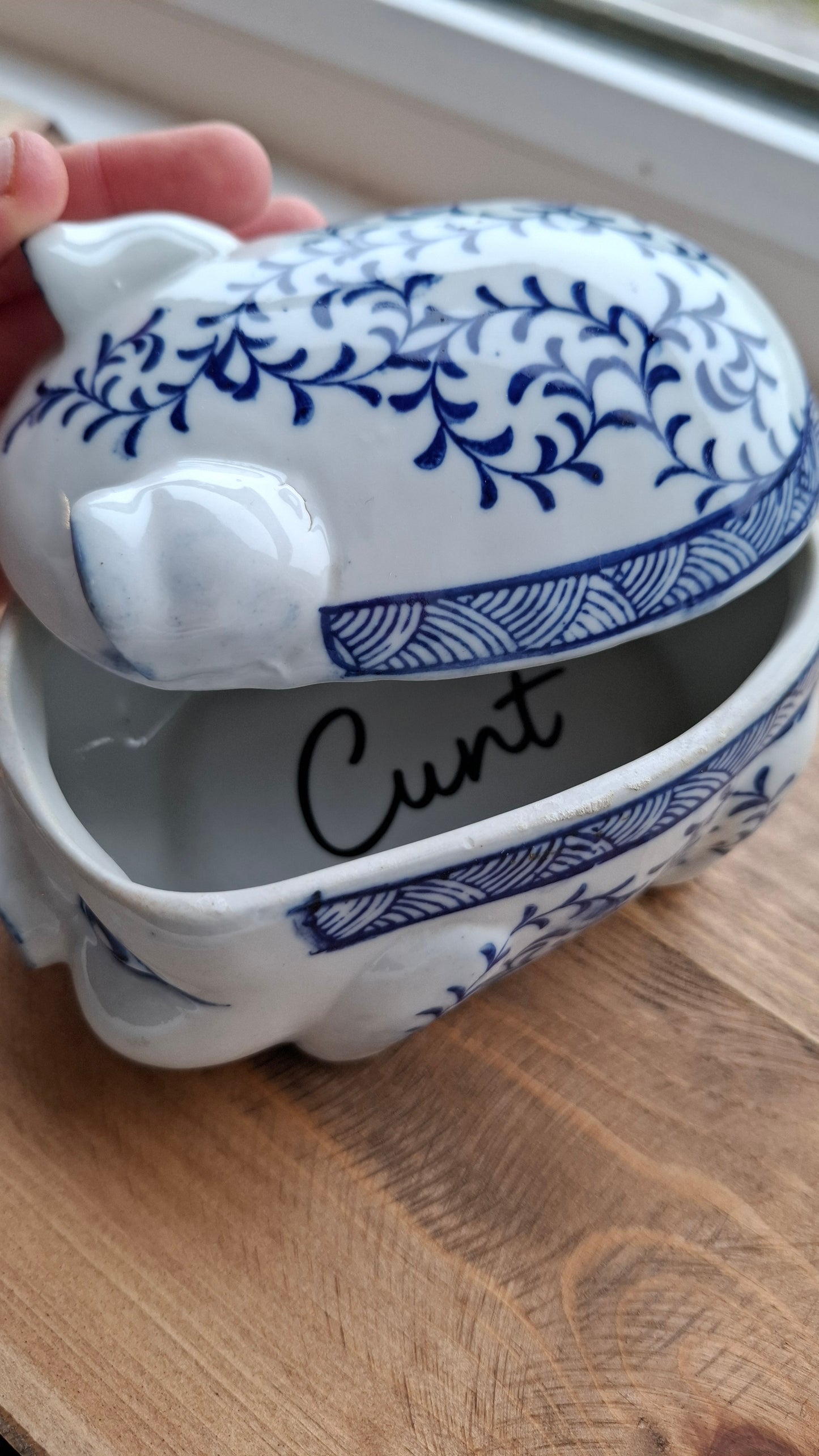 'Cunt' Upcycled White & Blue Chunky Pig Trinket Pot