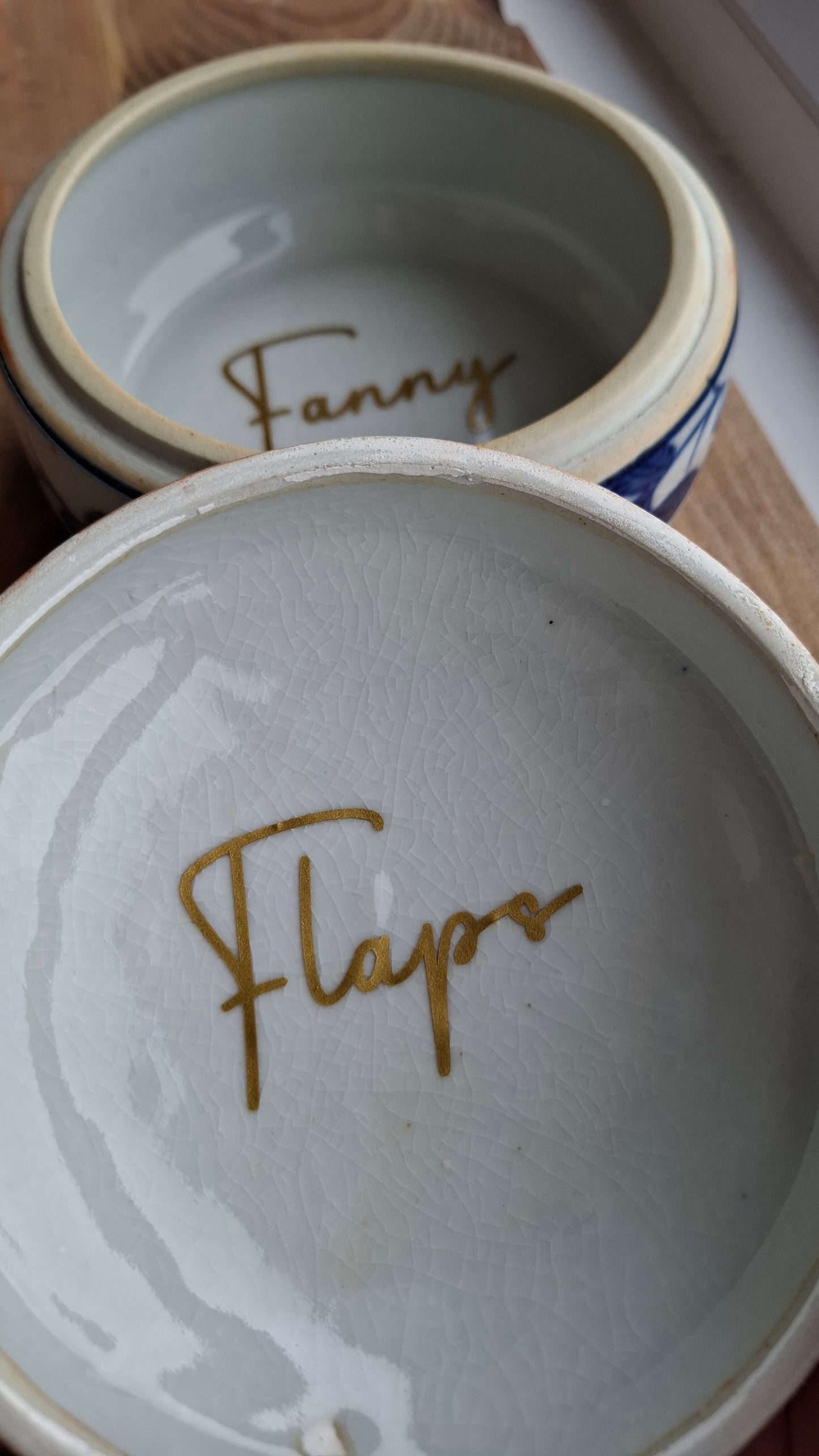 'Fanny Flaps' Upcycled Large Blue And White Round Trinket Pot