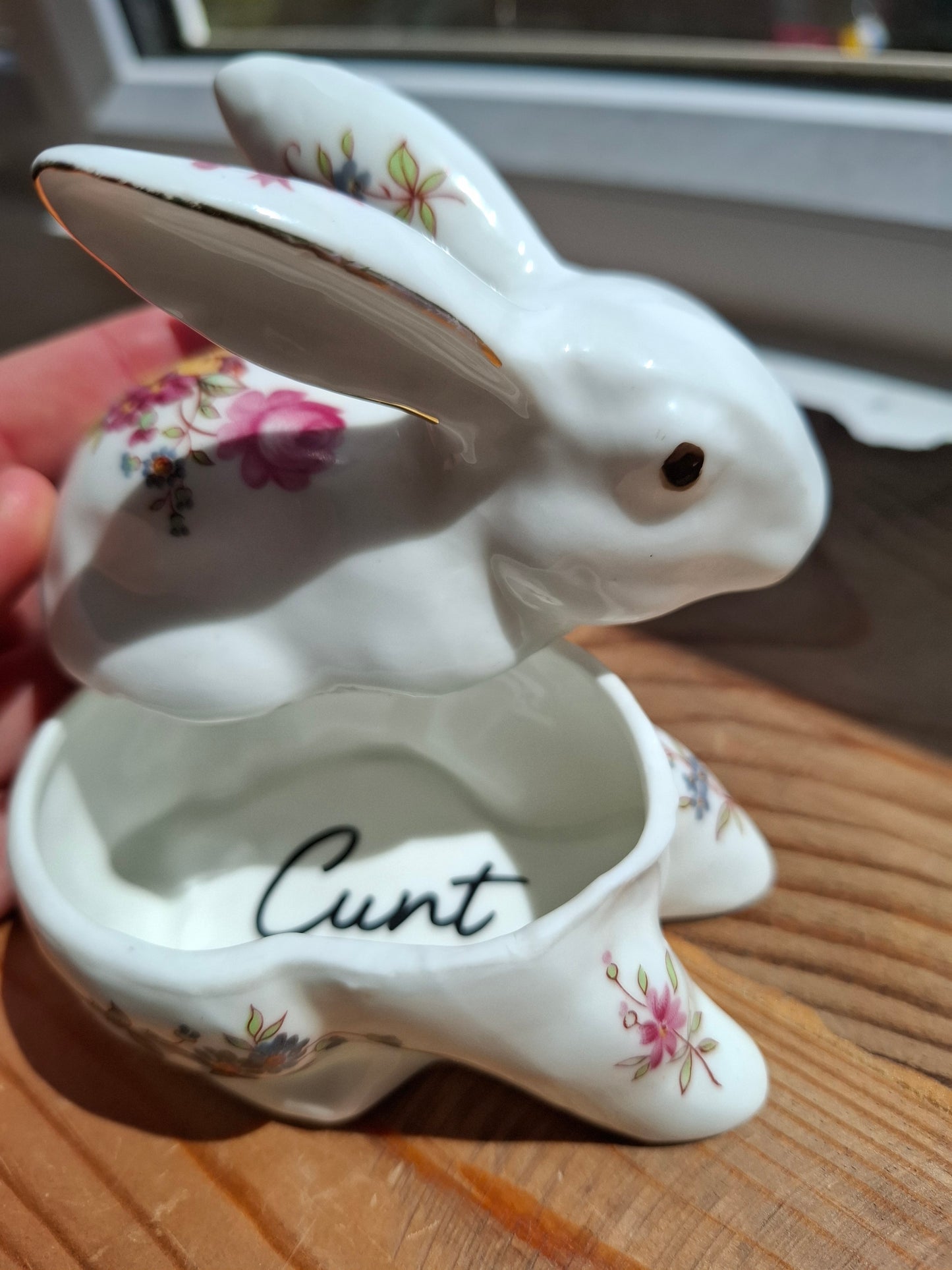'Cunt' Upcycled White Floral Rabbit Trinket Pot