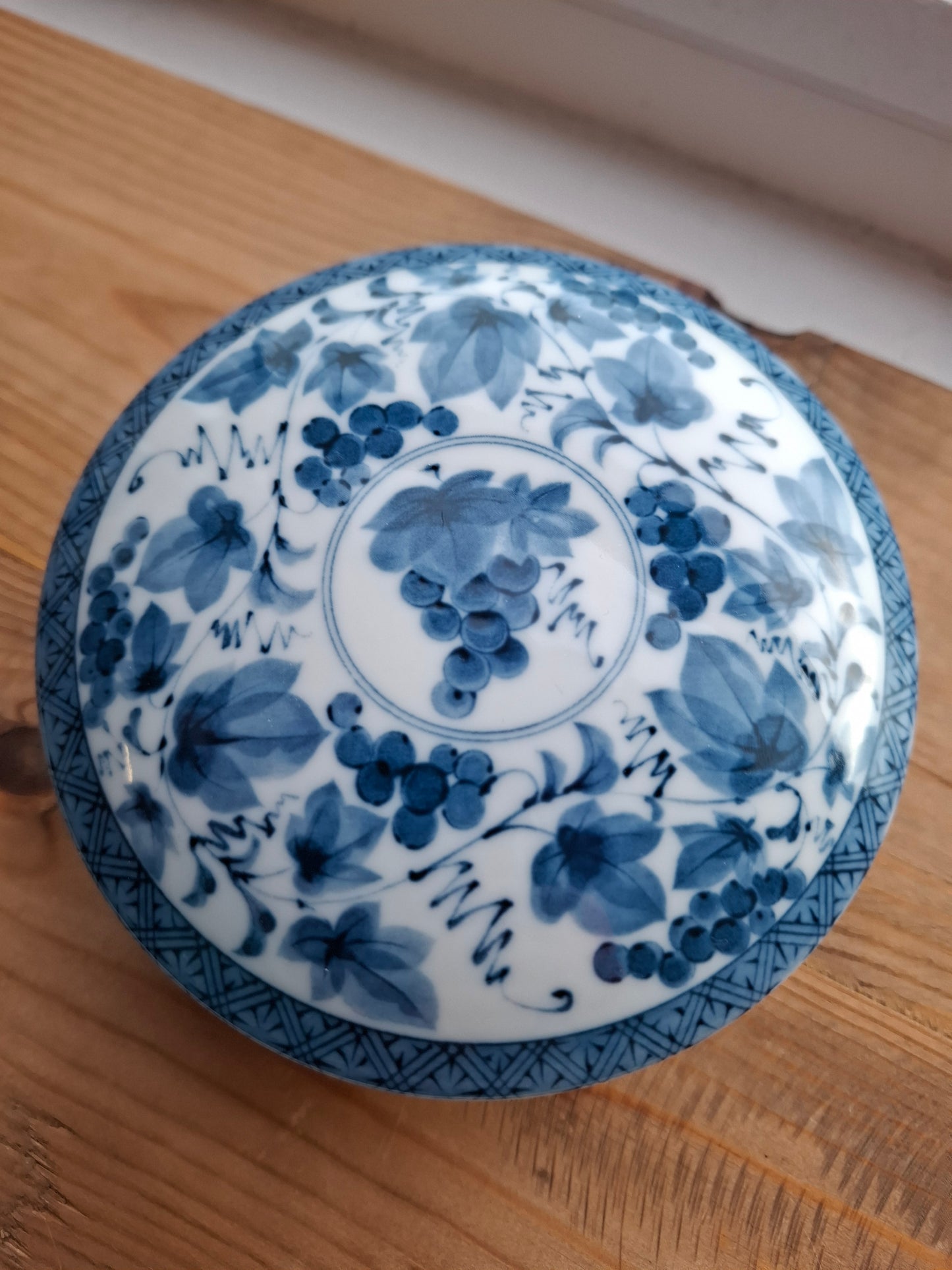 'Beef Curtains' Upcycled Large Round Blue/White Trinket Pot