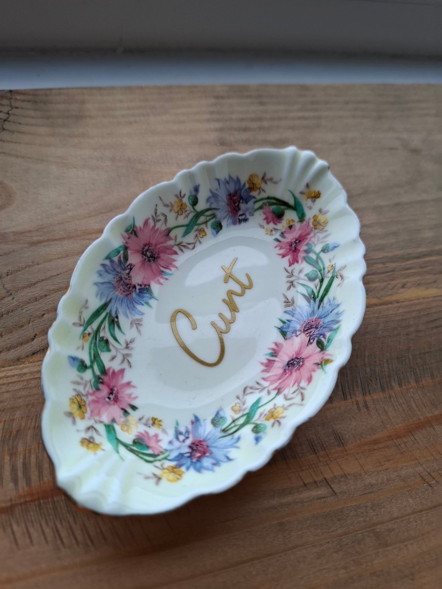 'Cunt' Upcycled Frilly Floral Trinket Dish  (DISCOUNTED)