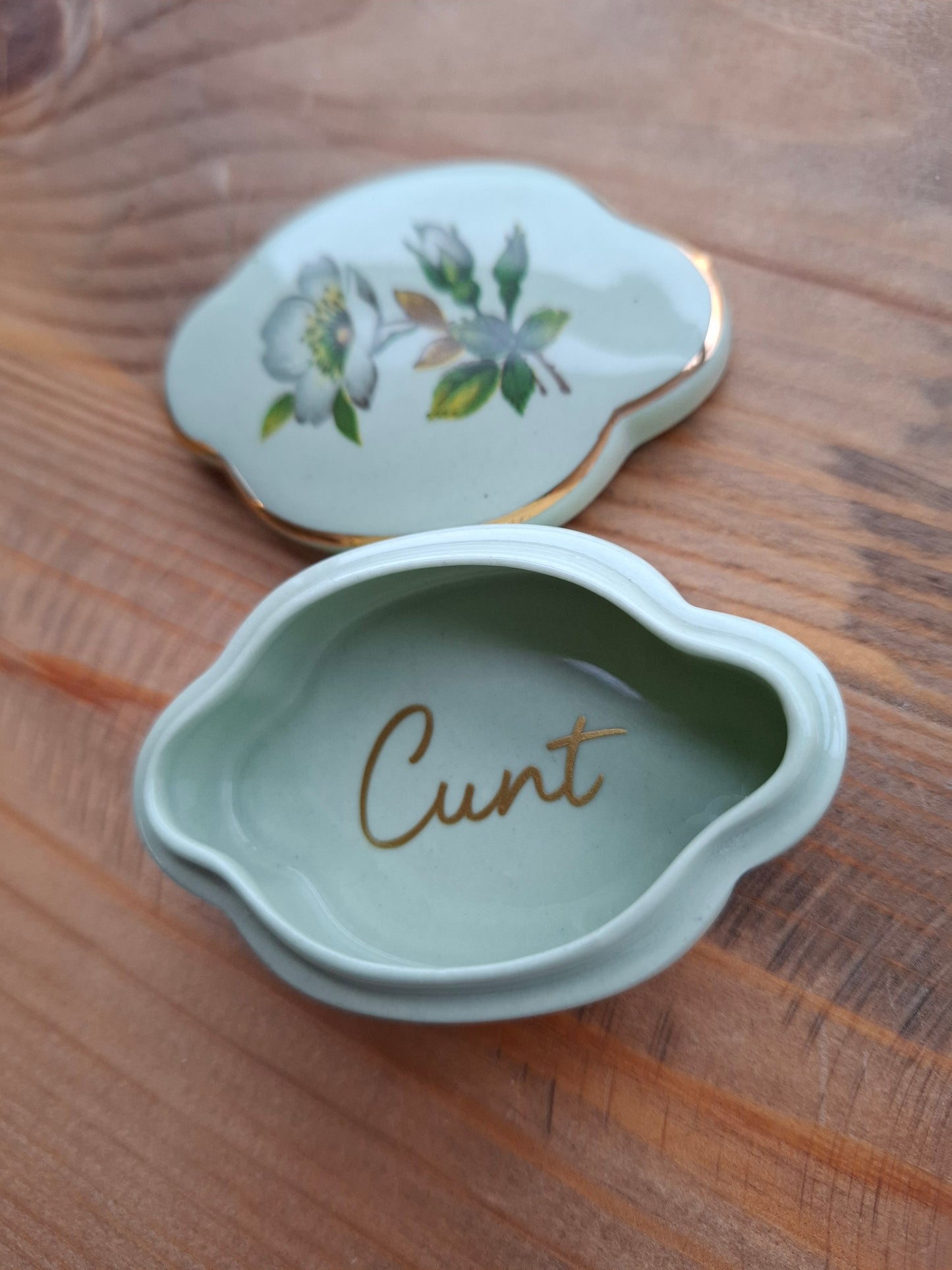 'Cunt' Upcycled Green Floral Trinket Pot
