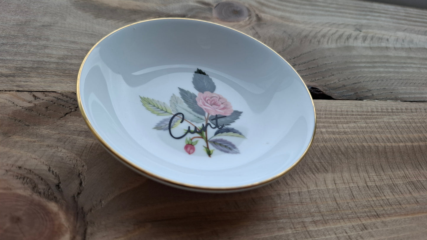'Cunt' Upcycled Round Floral Small Trinket Dish (Pink Rose)