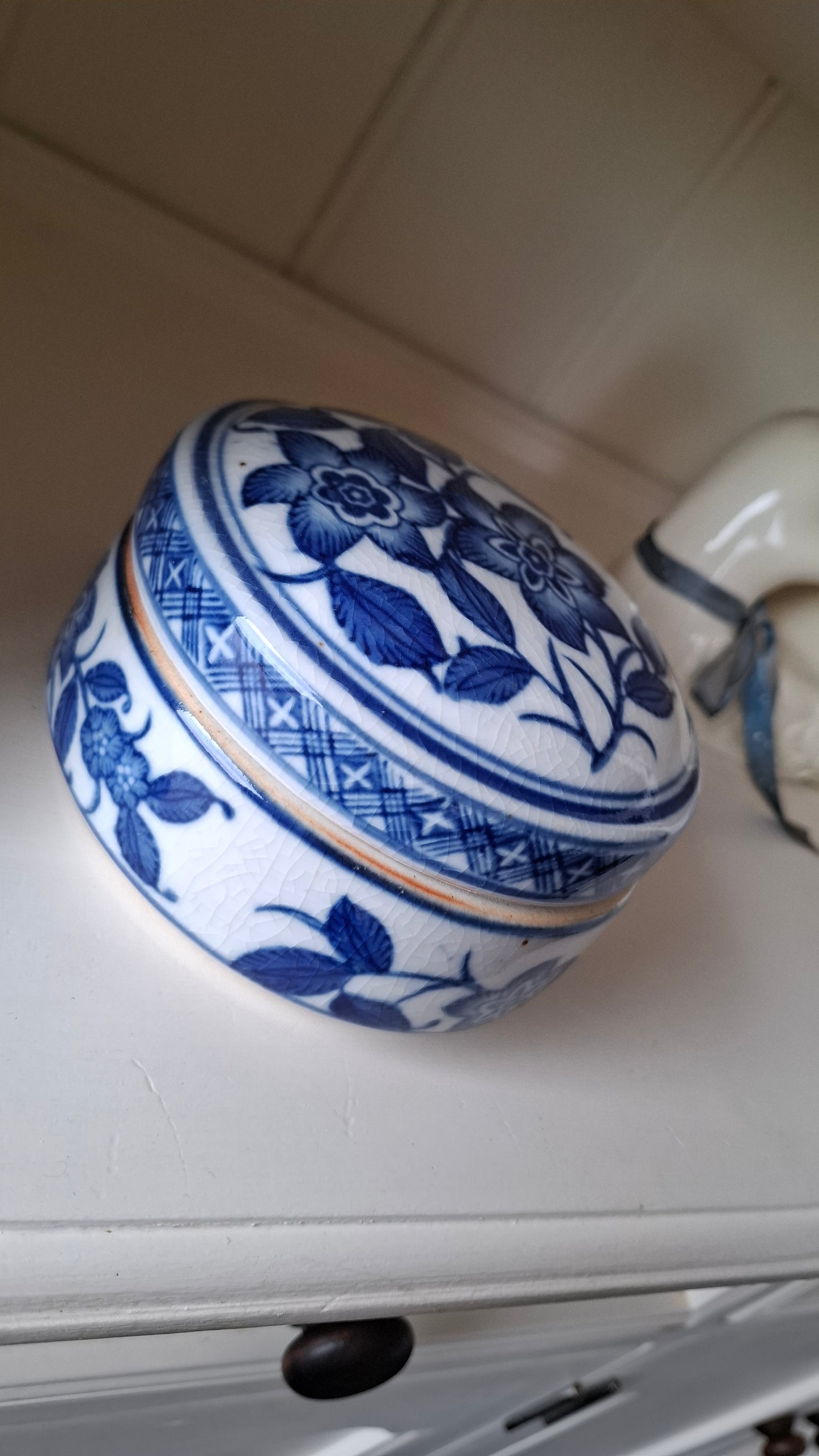 'Fanny Flaps' Upcycled Large Blue And White Round Trinket Pot