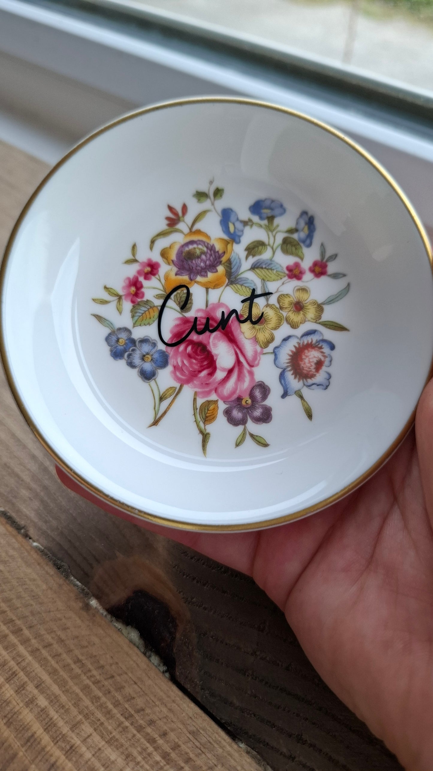 'Cunt' Upcycled Round Floral Small Trinket Dish (Colorful Flowers)