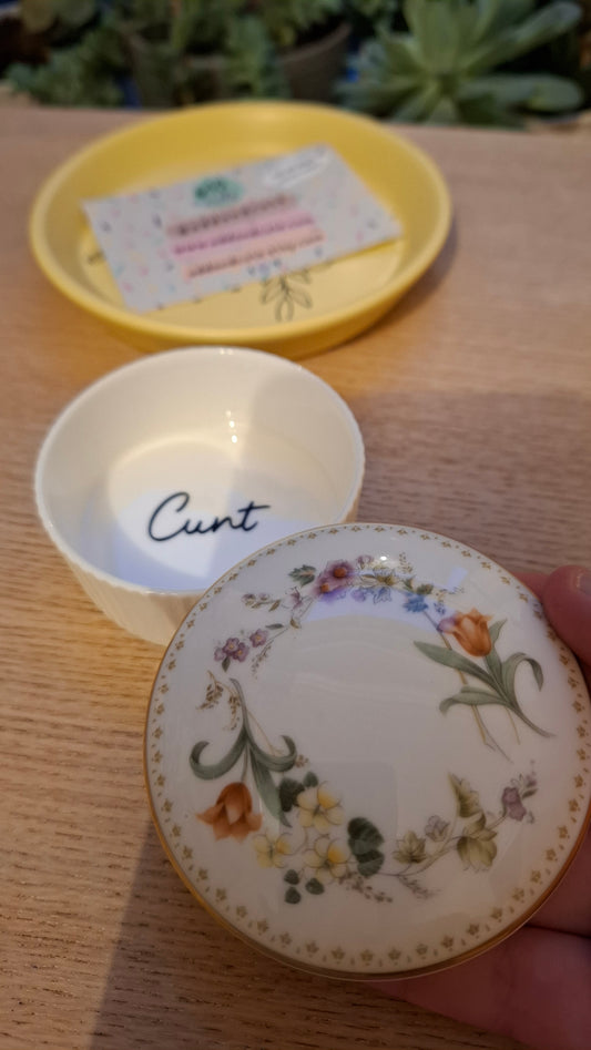 'Cunt' Upcycled Round Floral Trinket Pot