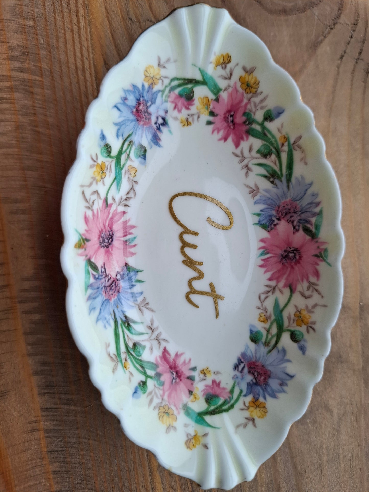 'Cunt' Upcycled Frilly Floral Trinket Dish  (DISCOUNTED)