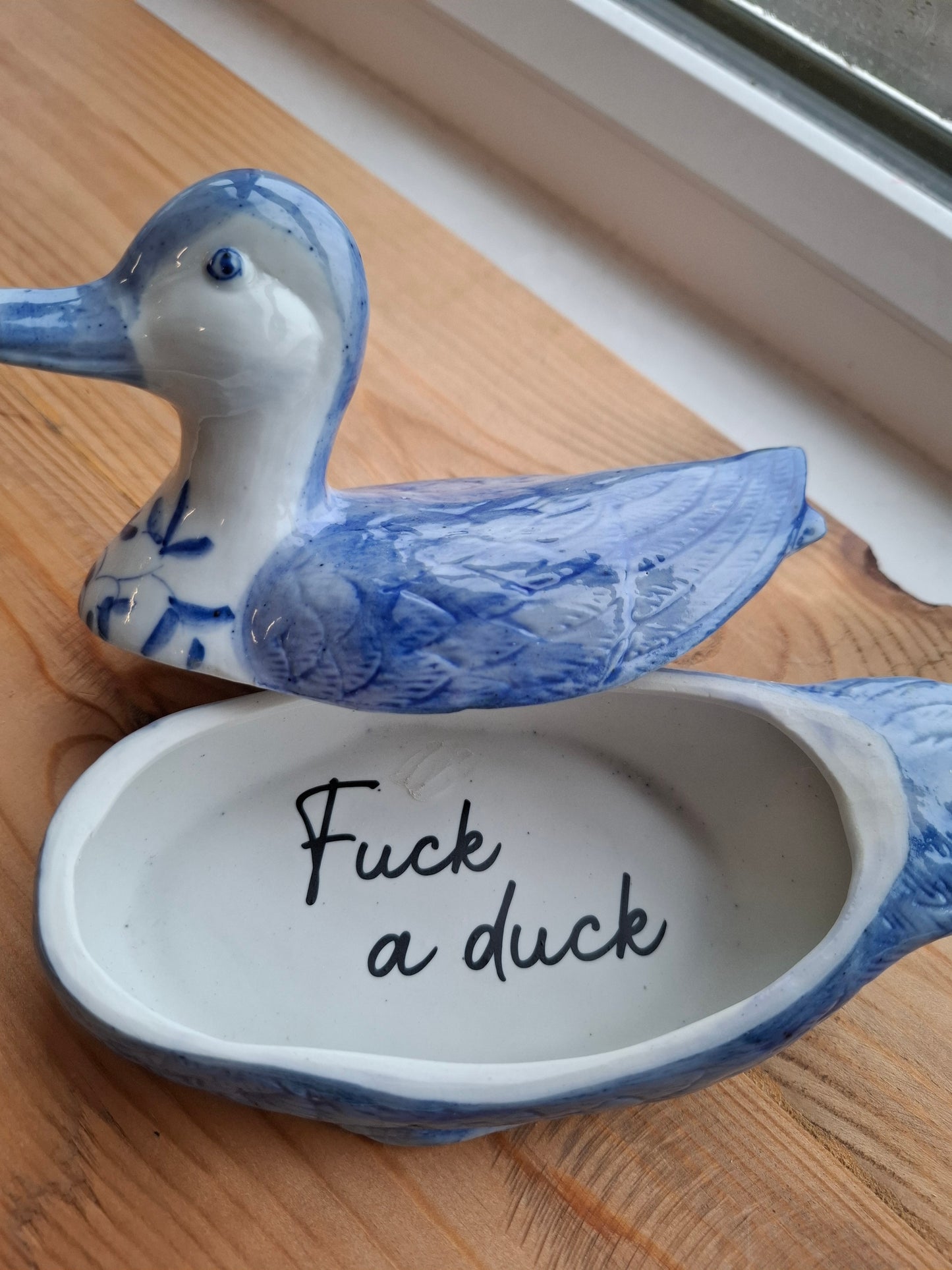 'Fuck A Duck' Upcycled Blue and White Duck Trinket Pot