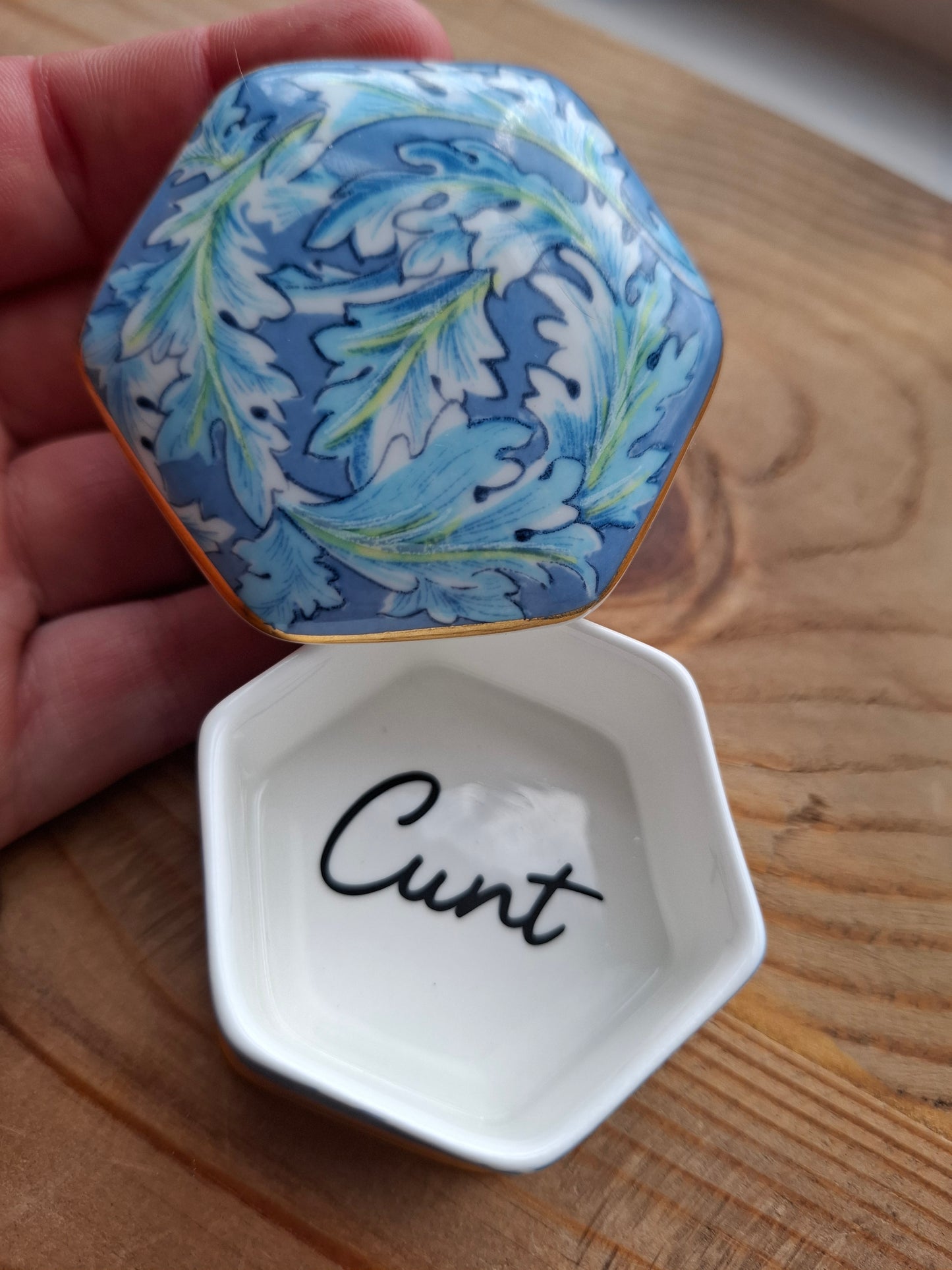 'Cunt' Upcycled Fancy Blue Hexagonal Trinket Pot