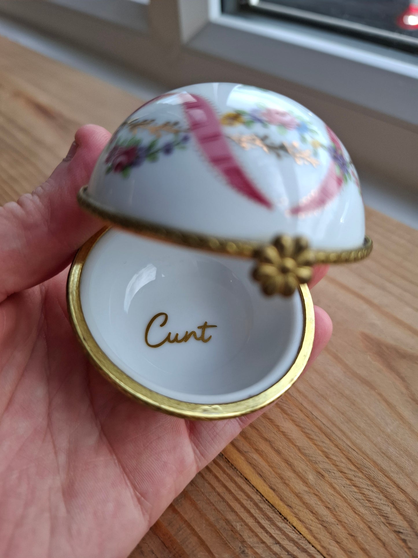 'Cunt' Upcycled Fancy Round Floral Trinket Pot With Clasp