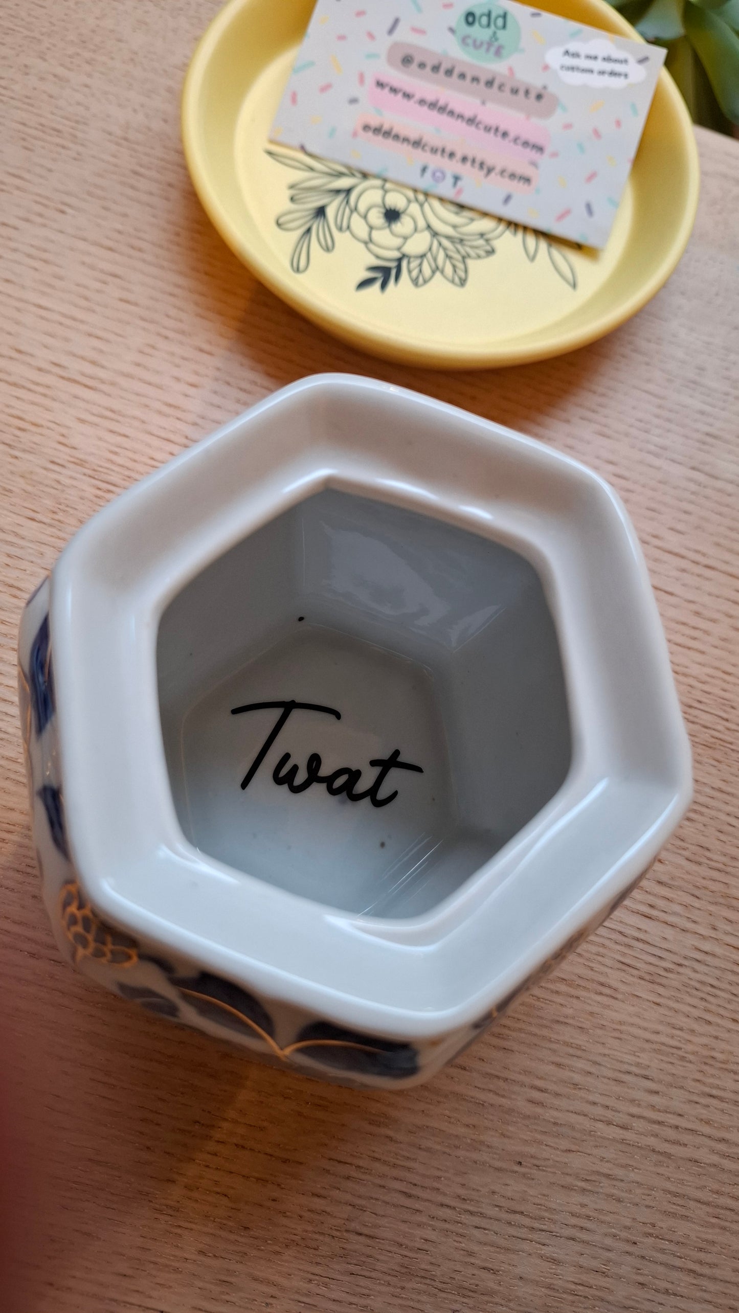 'Twat' Upcycled Blue And White Hexagon Shaped Pot