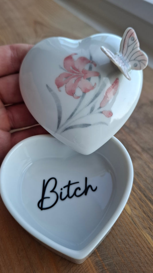 'Bitch' Upcycled Heart Shaped Butterfly Trinket Pot