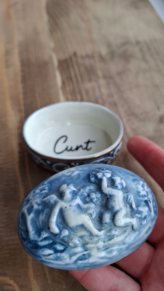 'Cunt' Upcycled Blue/Gold Cherub Trinket Pot