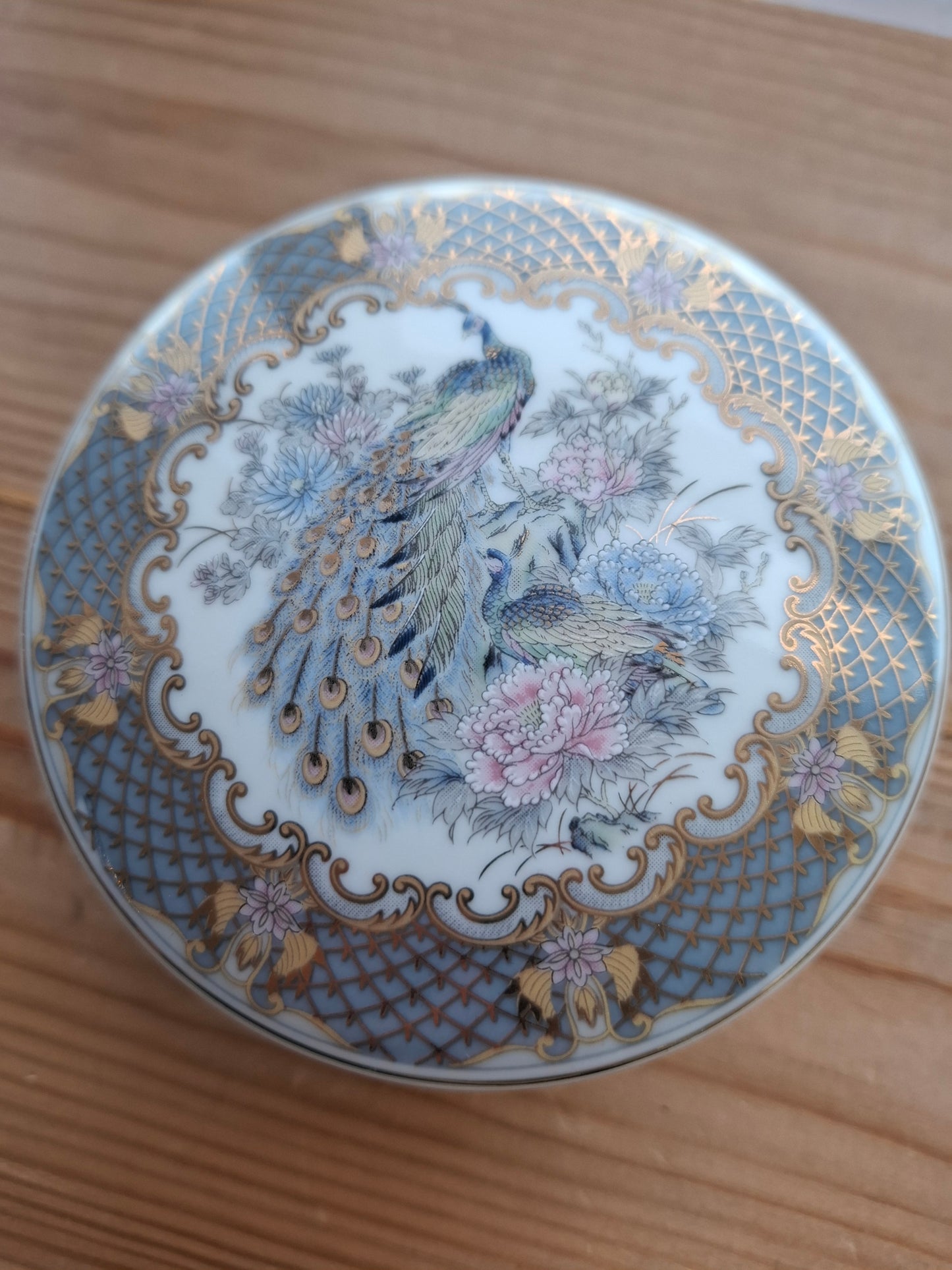 'Fanny Flaps' Upcycled Round Fancy Peacock Trinket Pot