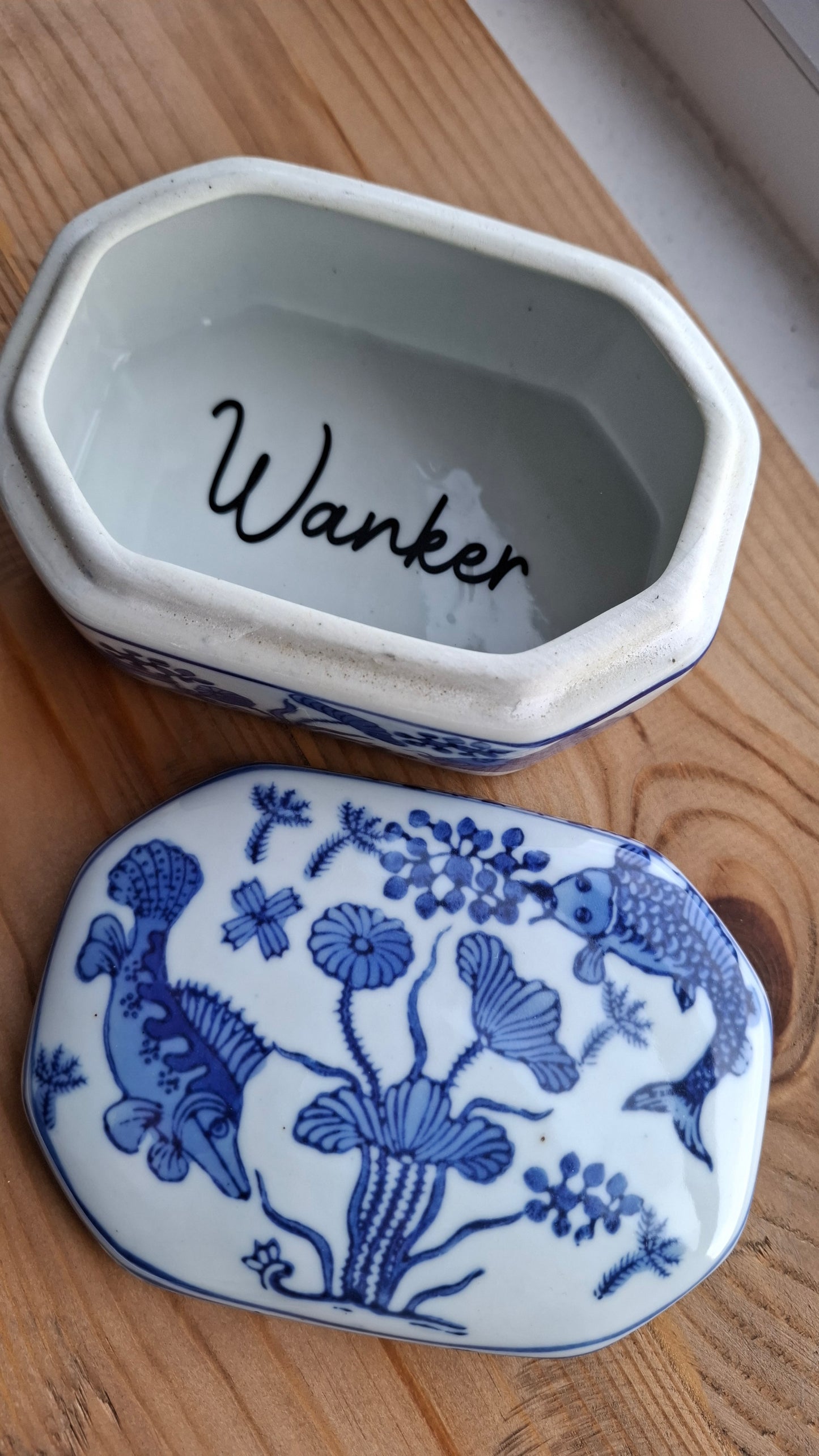 'Wanker' Upcycled Blue/White Fish Trinket Pot