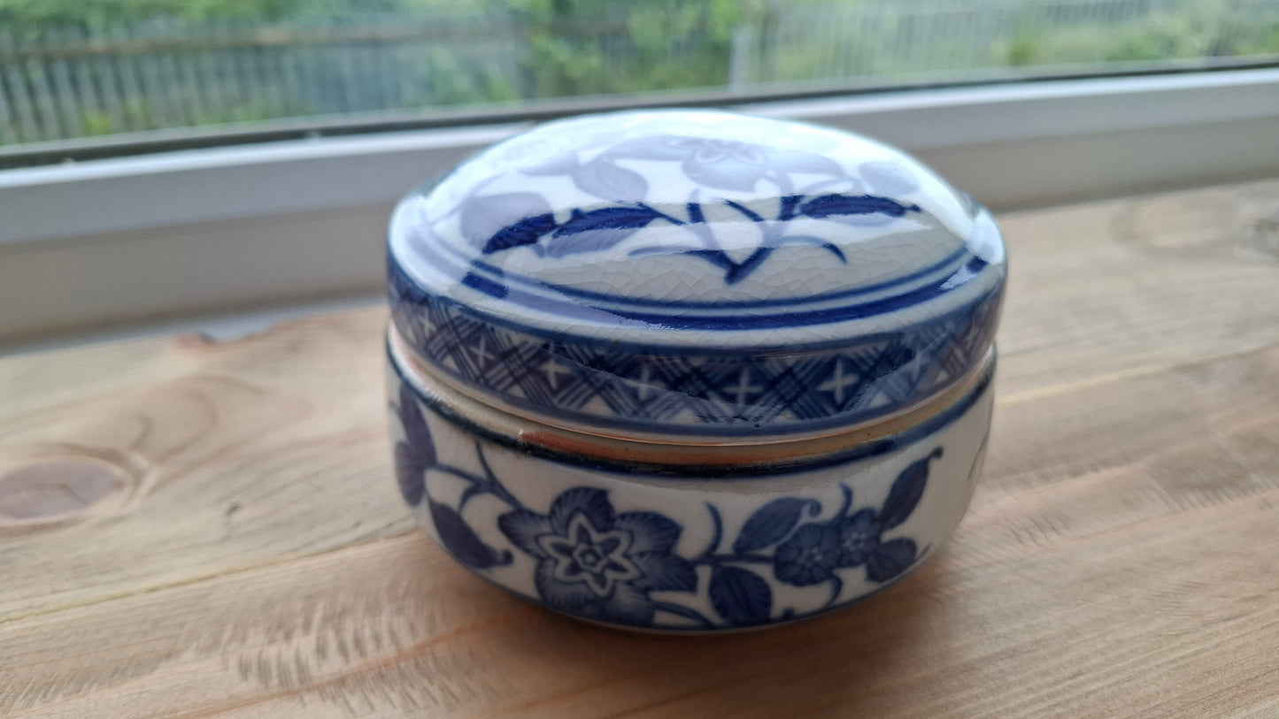 'Fanny Flaps' Upcycled Large Blue And White Round Trinket Pot